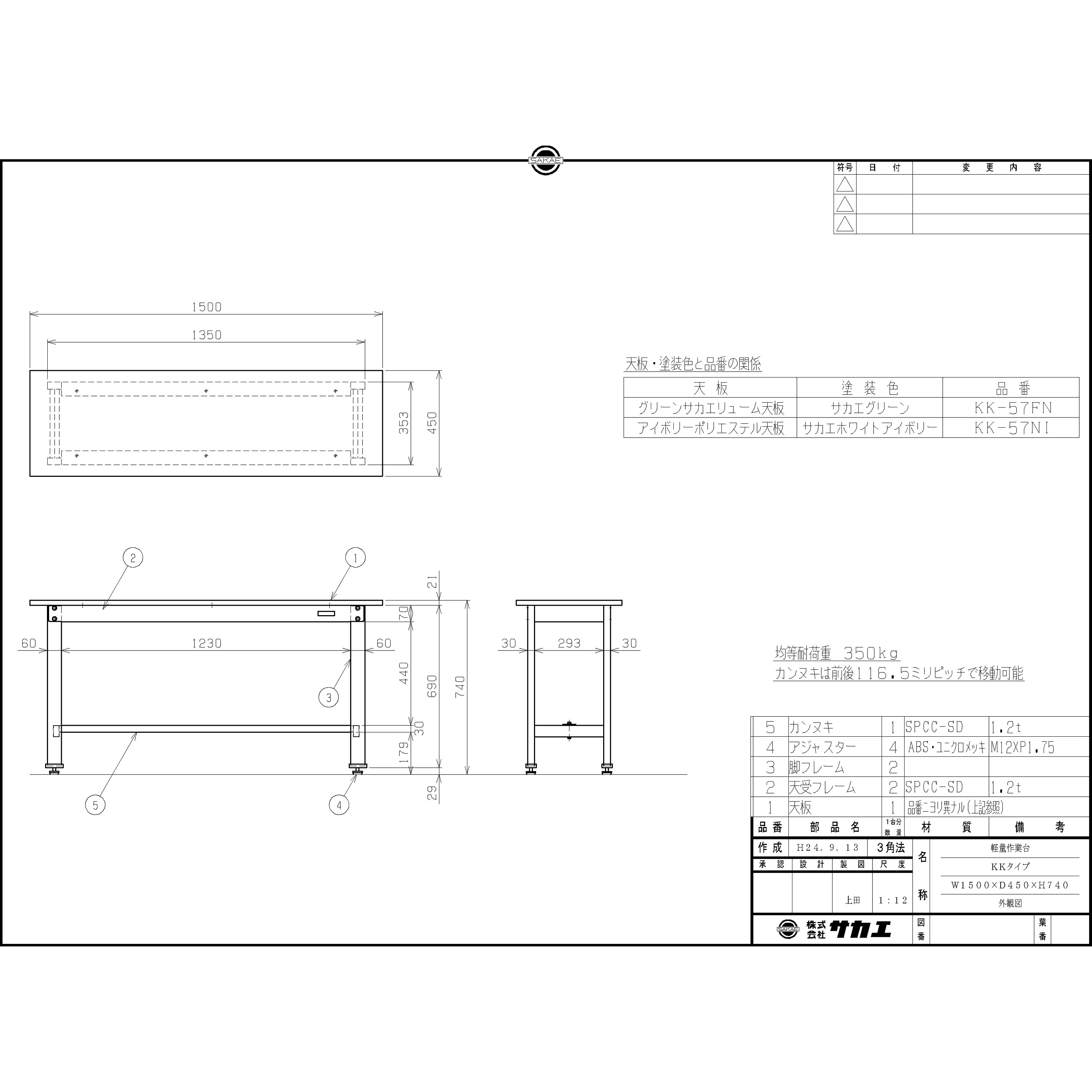 KK-57FN 軽量作業台(KKタイプ/耐荷重350kg/サカエリューム天板/H740