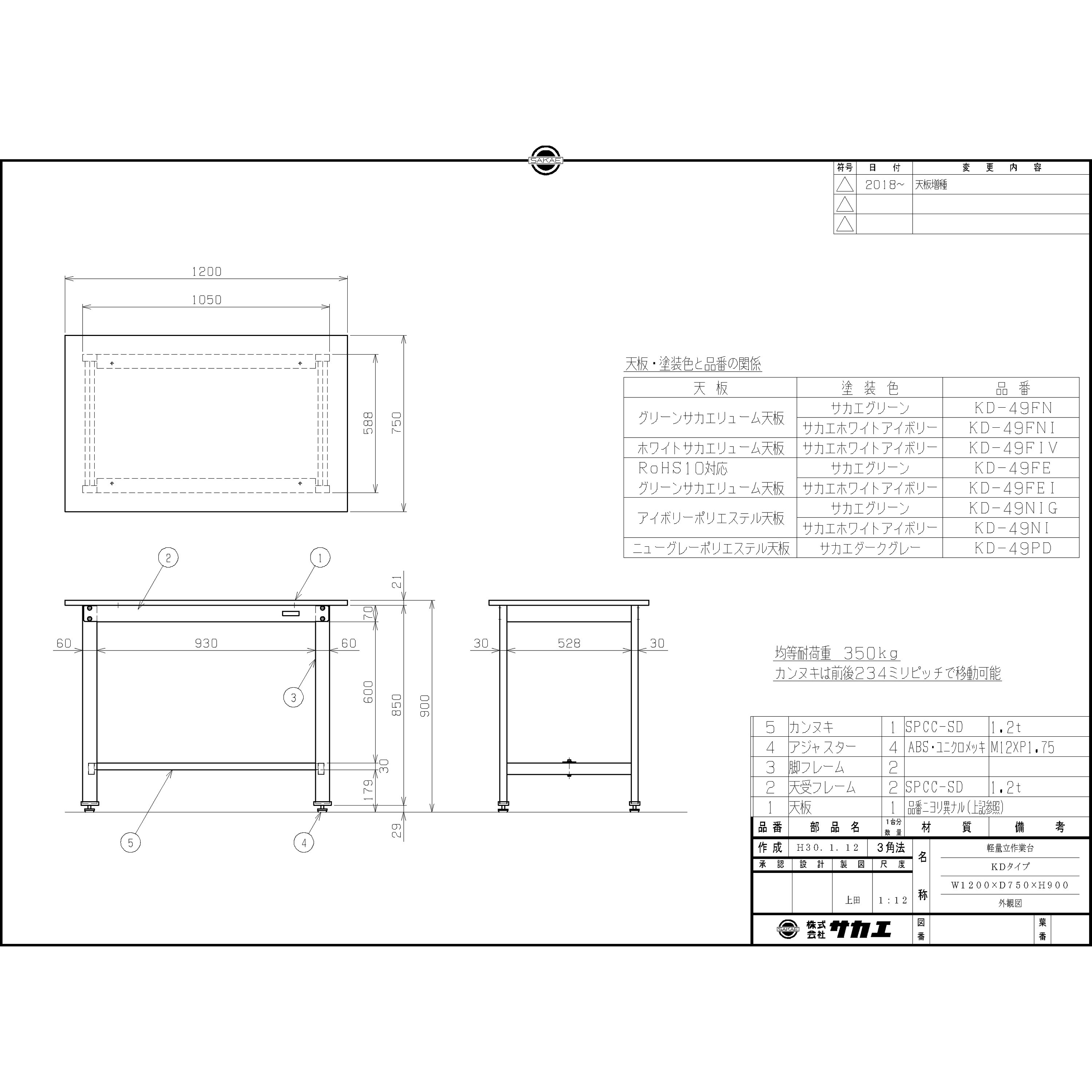 KD-49FN 軽量作業台(KDタイプ/耐荷重350kg/サカエリューム天板/H900