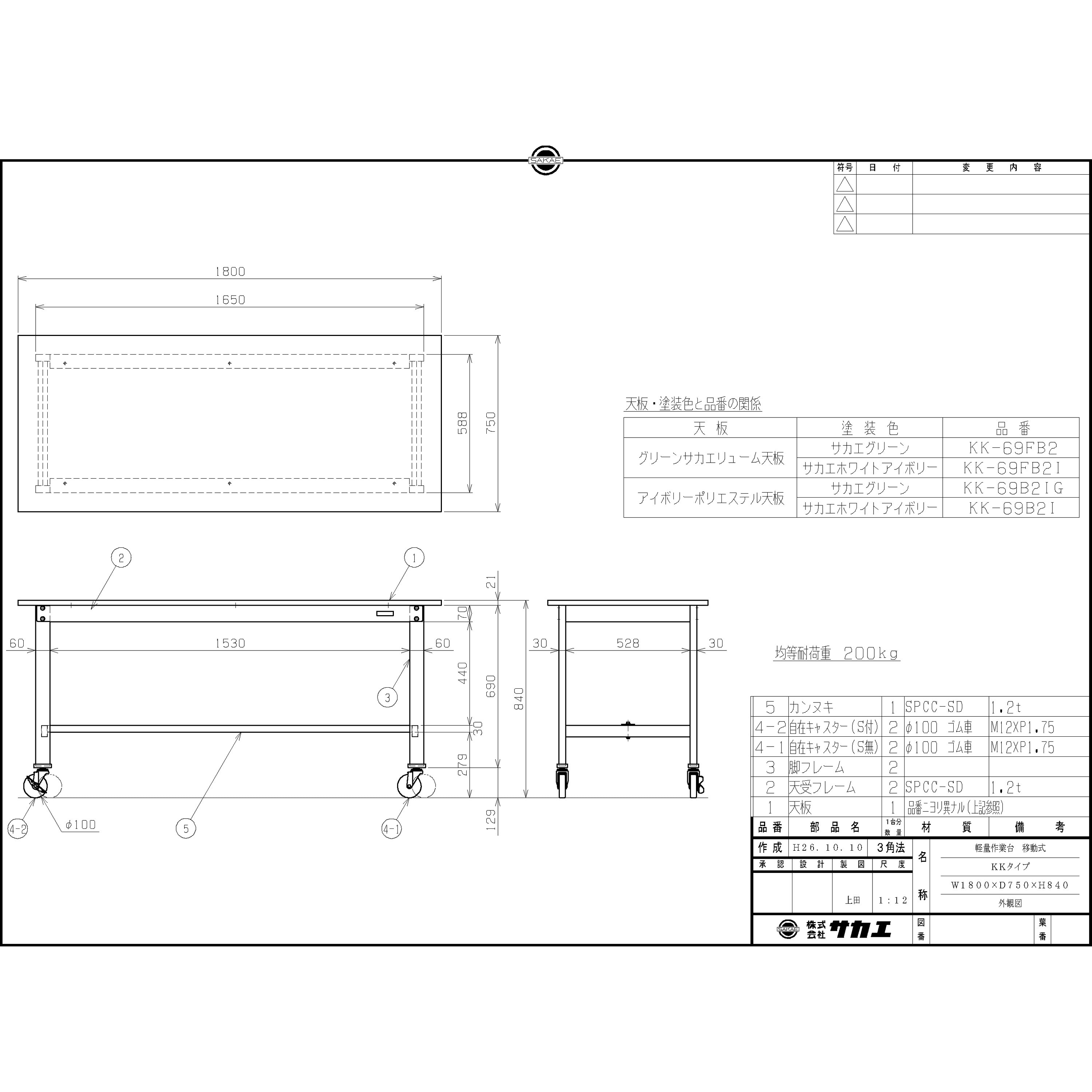 業務用　厨房　作業台　移動式　大型　地域制限 CPB-126B サカエ 一人用作業台 3方パネル 移動式 2段引出し付 幅