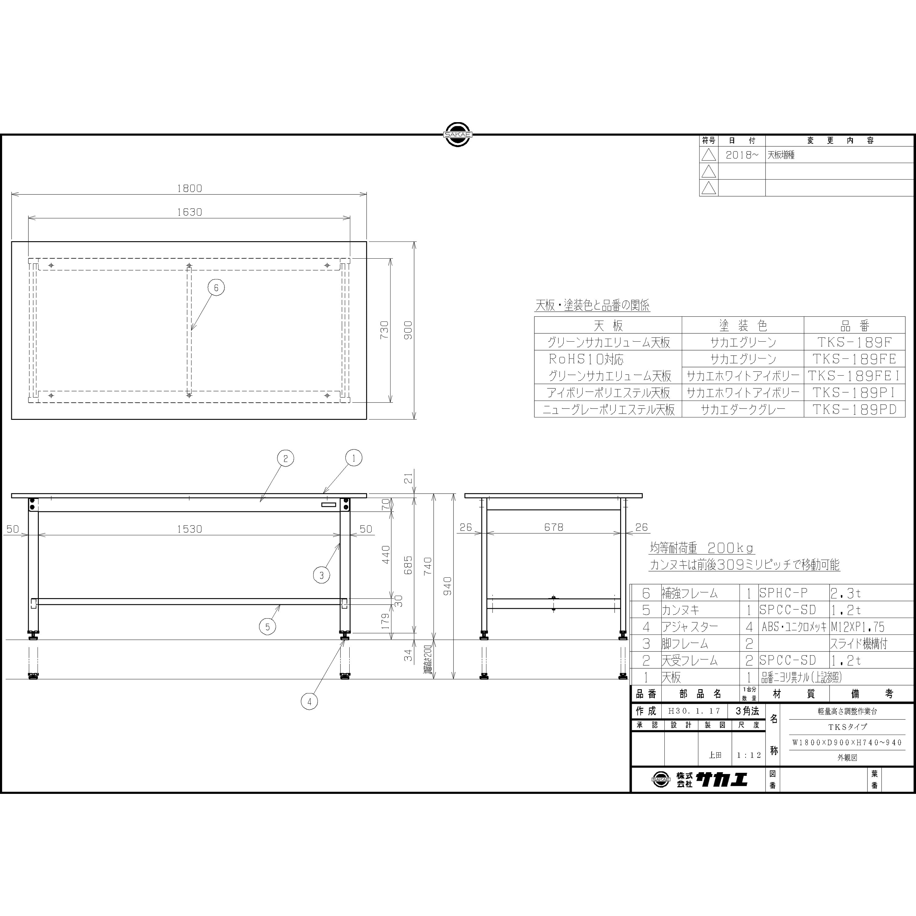 軽量高さ調整作業台 ダークグレー (TKS/200kg/ポリエステル天板/H740～940) 対応 間口1800mm奥行900mm