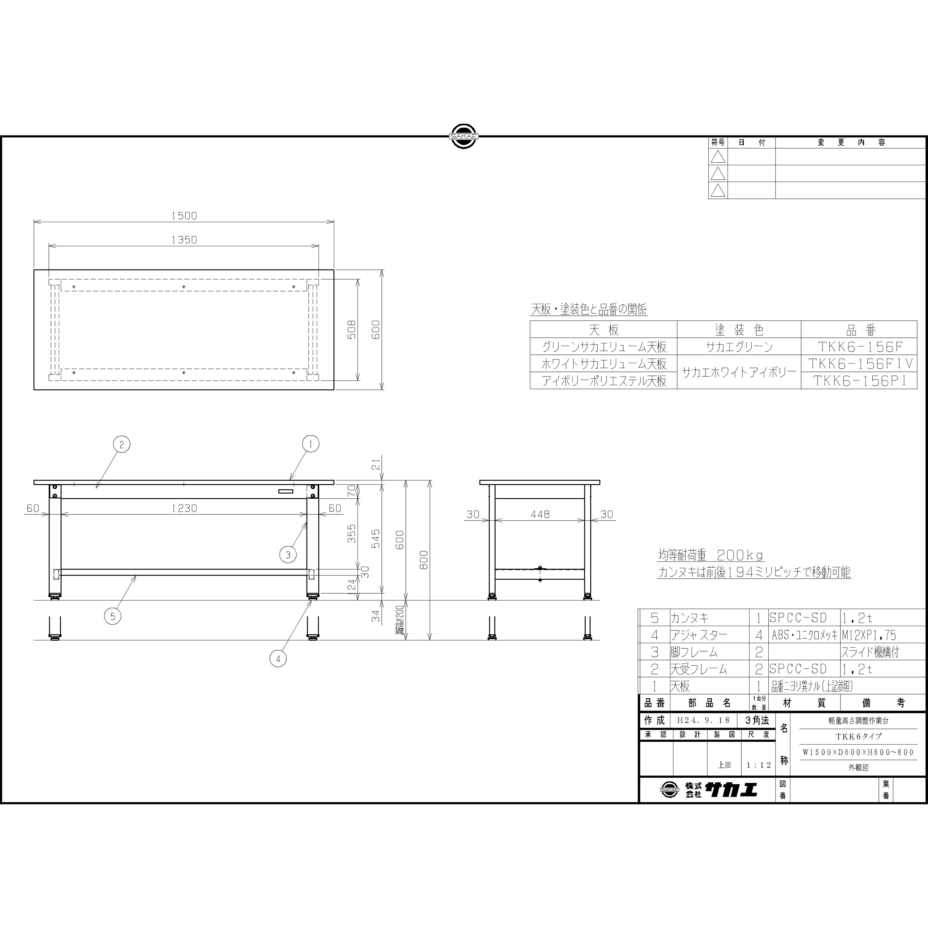 TKK6-156F 軽量高さ調整作業台(TKK6/耐荷重200kg/サカエリューム