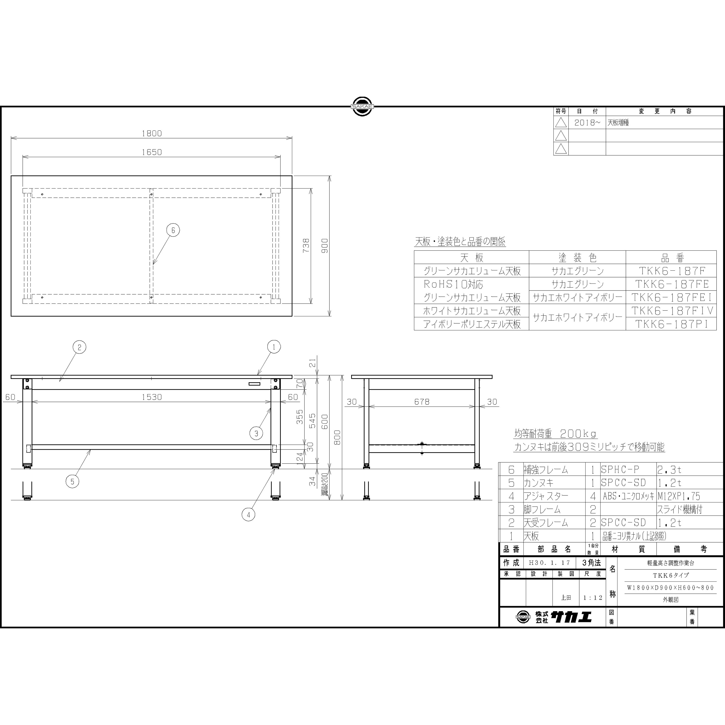 TKK6-189F 軽量高さ調整作業台(TKK6/耐荷重200kg/サカエリューム天板