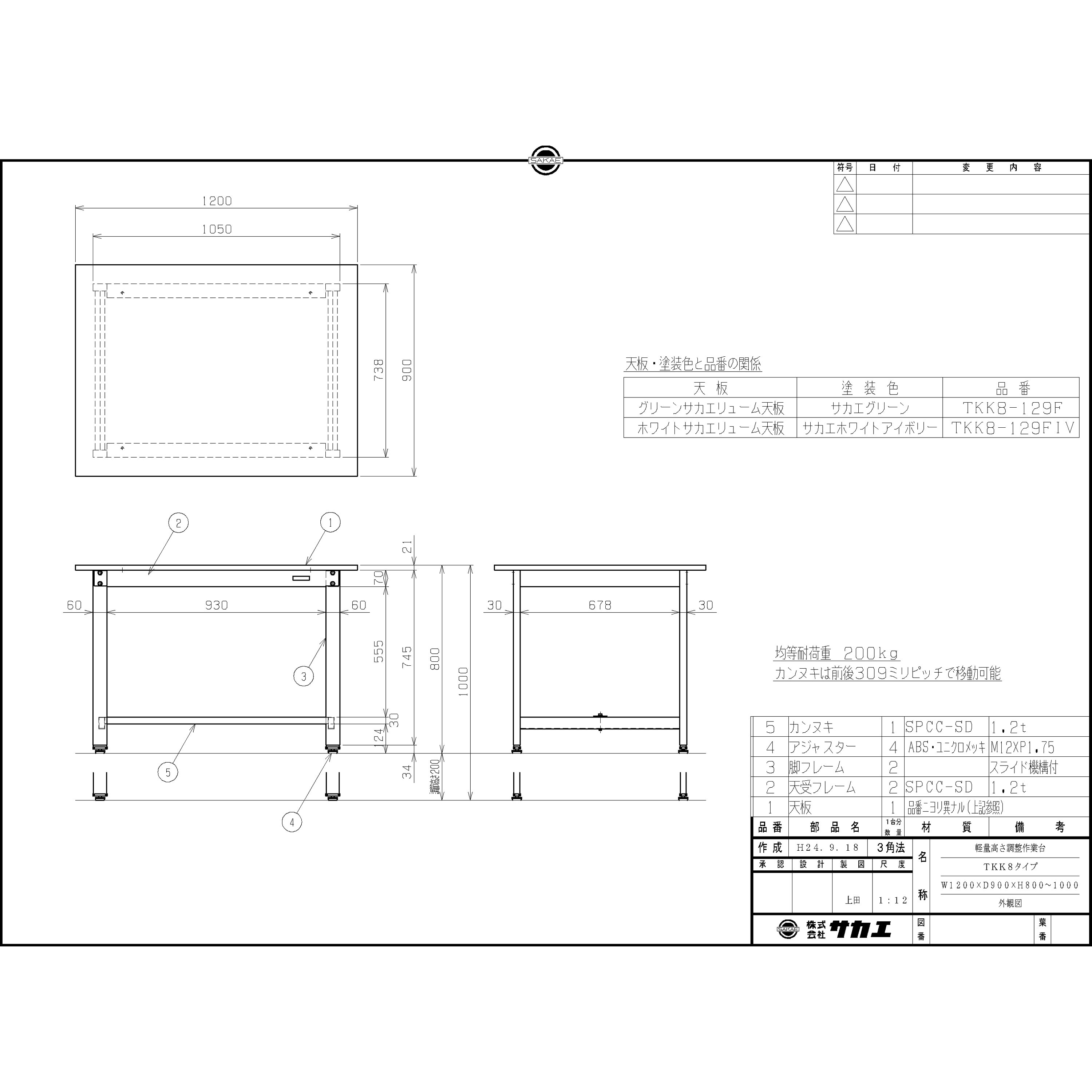 TKK8-129F 軽量高さ調整作業台(TKK8/耐荷重200kg/サカエリューム天板