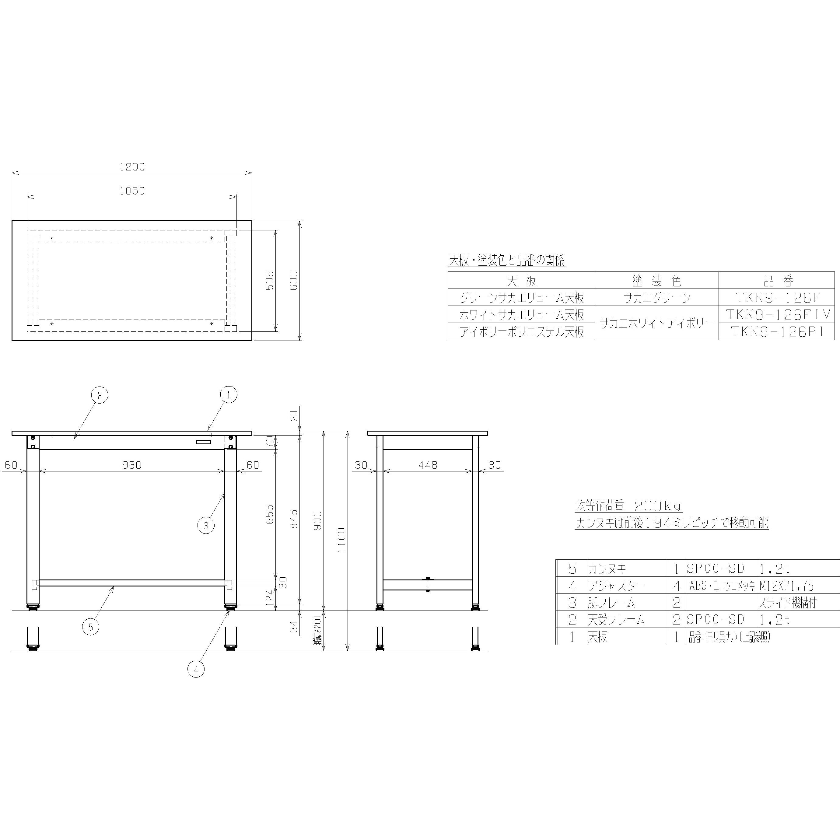 TKK9-126F 軽量高さ調整作業台(TKK9/耐荷重200kg/サカエリューム天板