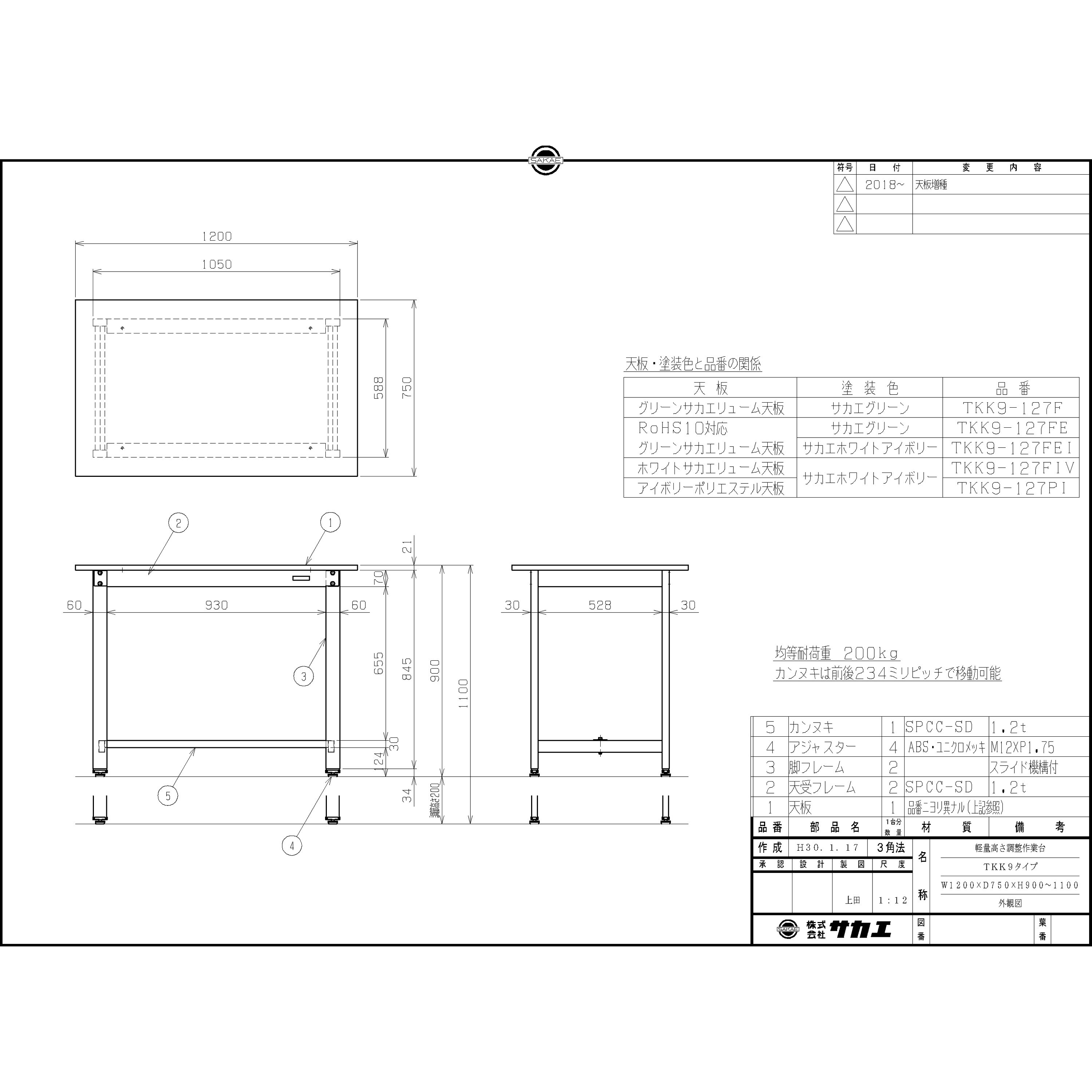 TKK9-127PI 軽量高さ調整作業台(TKK9/耐荷重200kg/ポリエステル天板