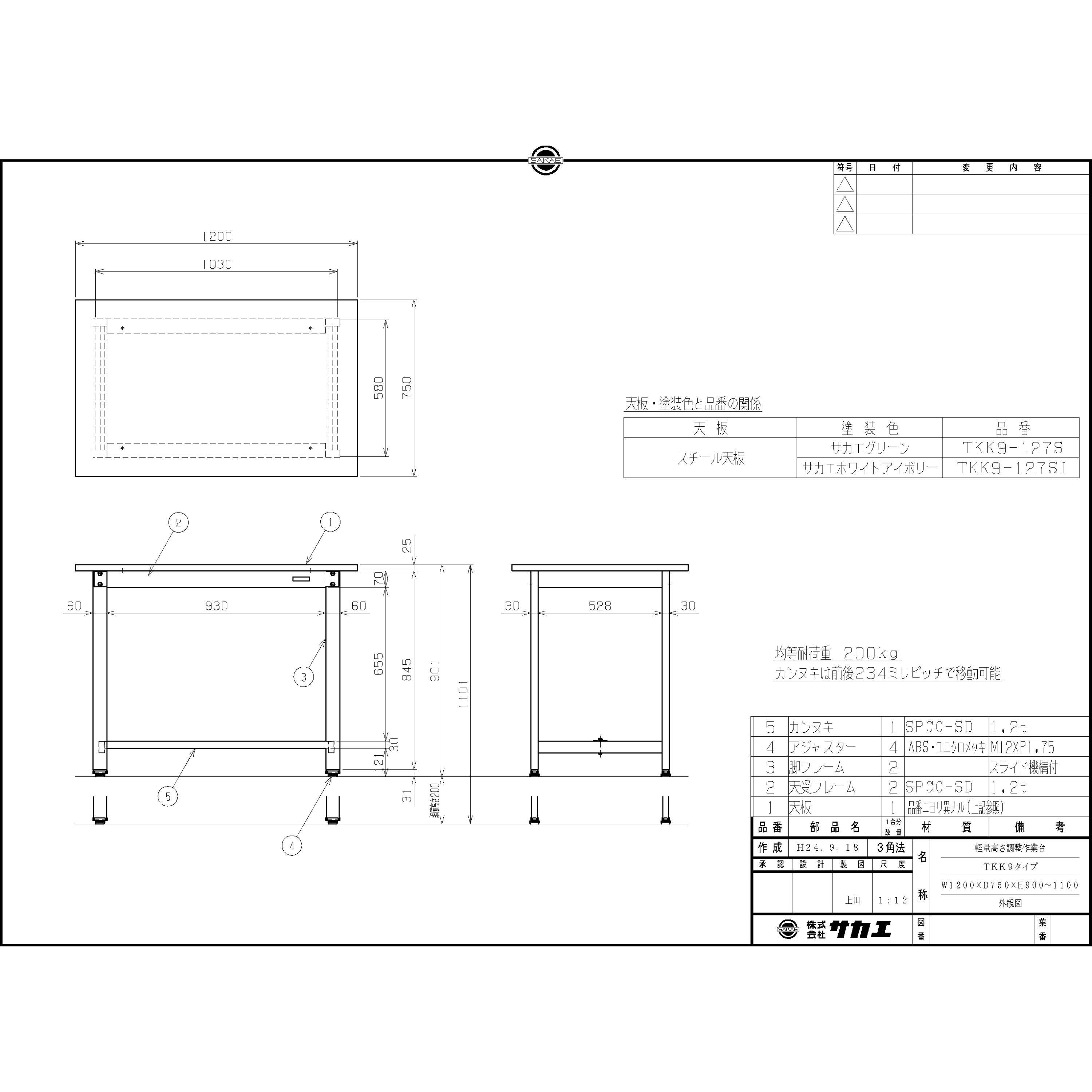サカエ 軽量高さ調整作業台TKK9タイプ TKK9-187F 軽量高さ調整作業台(TKK9&frasl;耐荷重200kg&frasl;サカエリューム天板&frasl;H900～1100) 間口1800mm奥行750mm