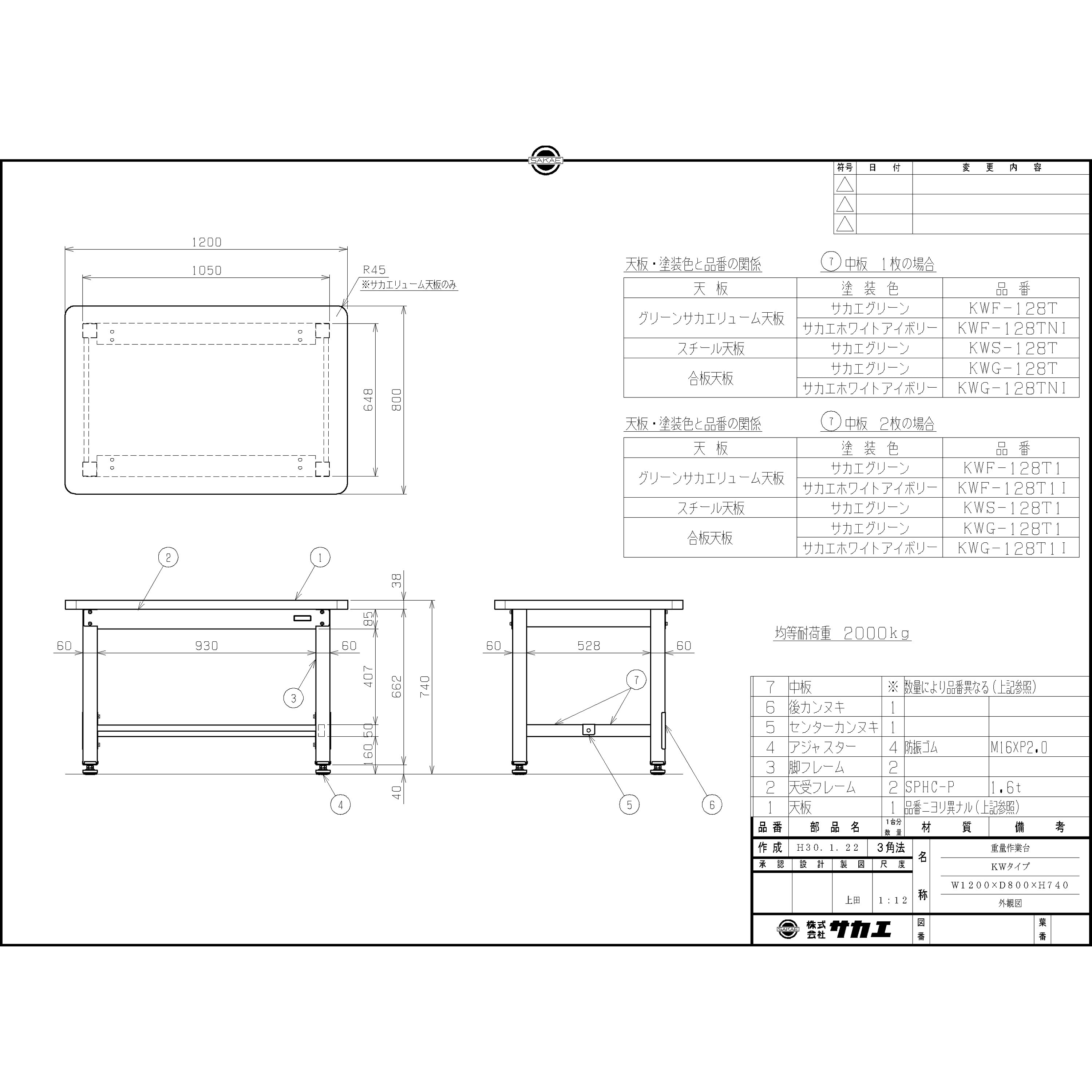 KWS-128T1 重量作業台 KWタイプ(中板2枚付) サカエ 荷重2000kg