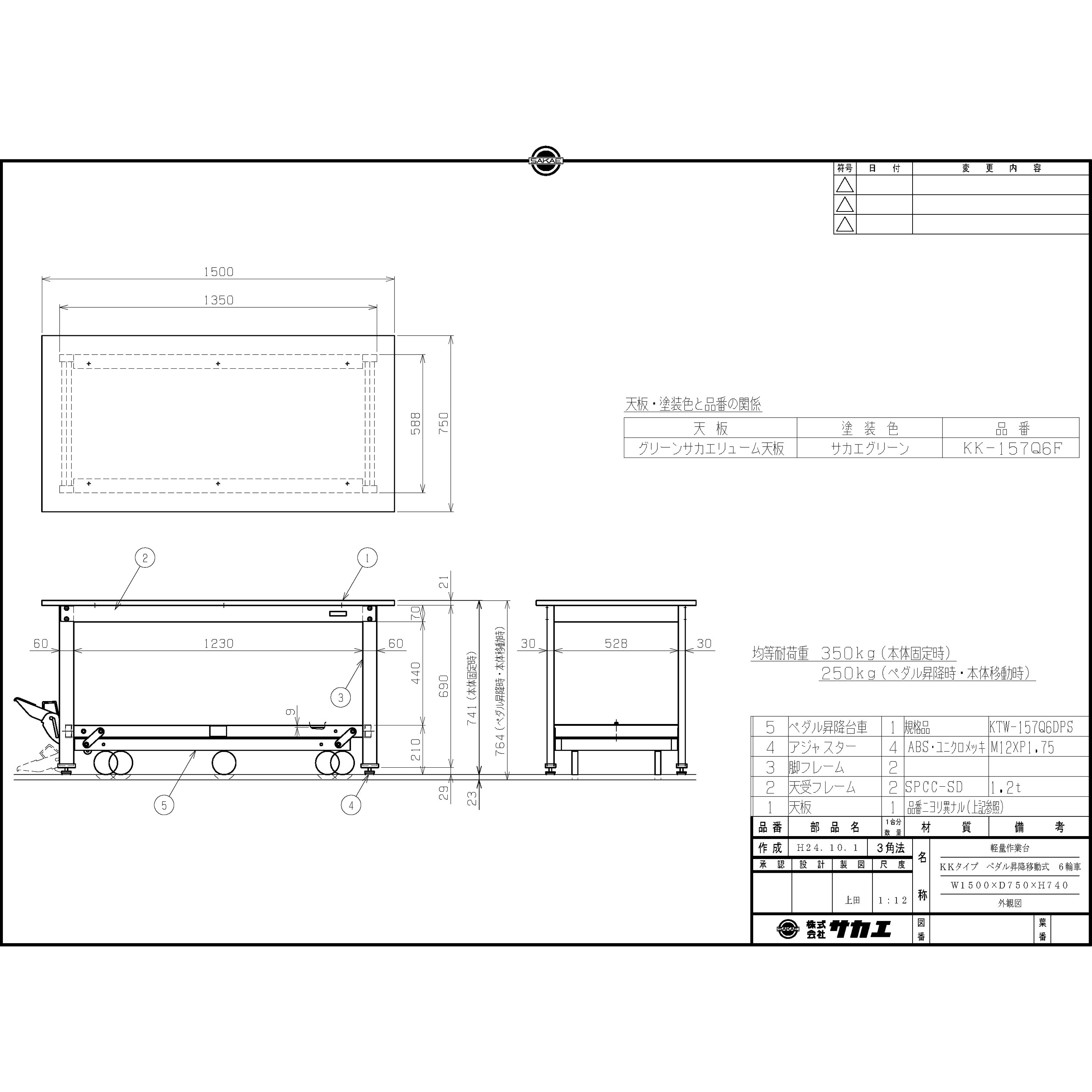 KK-157Q6F 軽量作業台(KK/350kg/サカエリューム天板/H740/ペダル