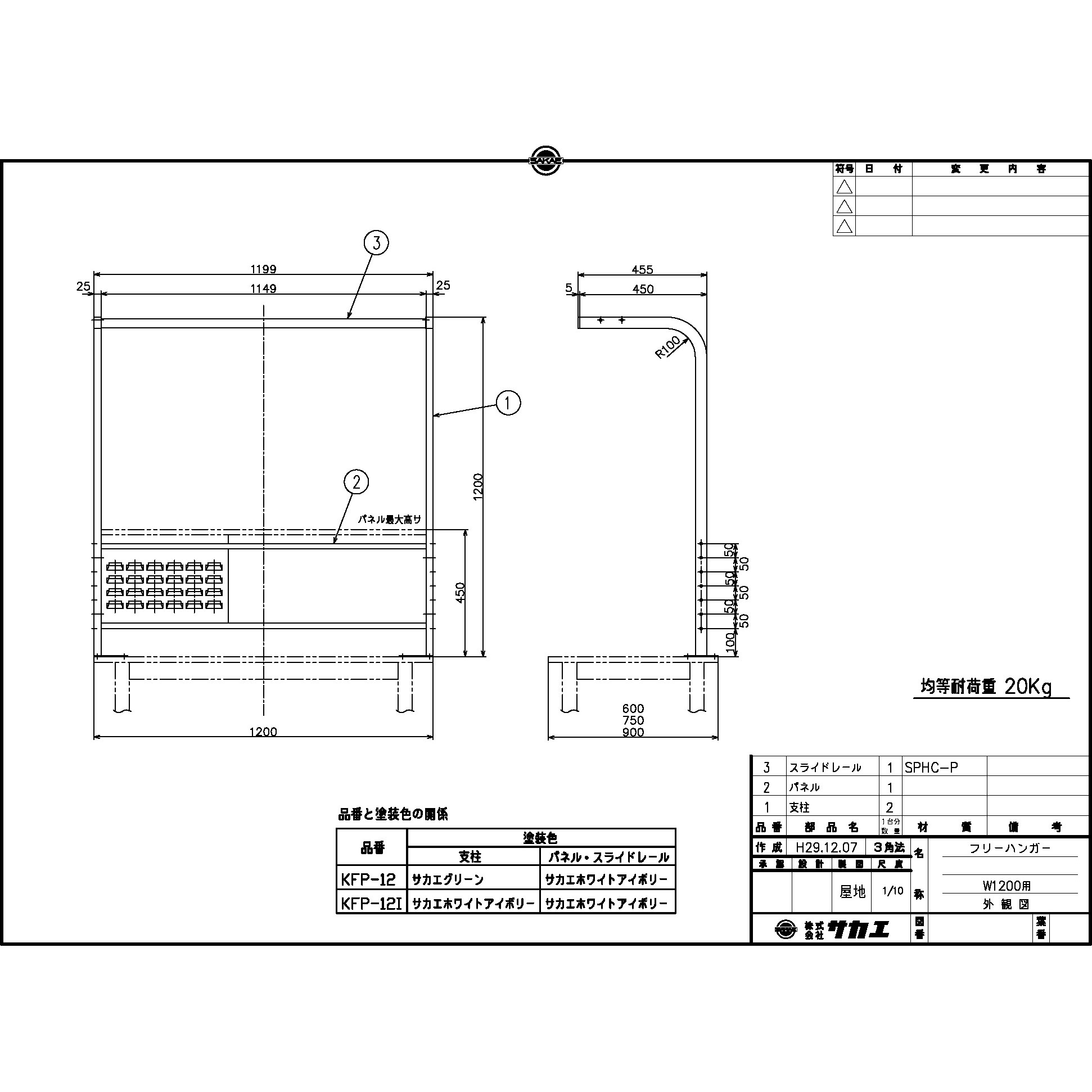 KFP-12 作業台用フリーハンガー サカエ 間口1200mm奥行450mm高さ1200mm
