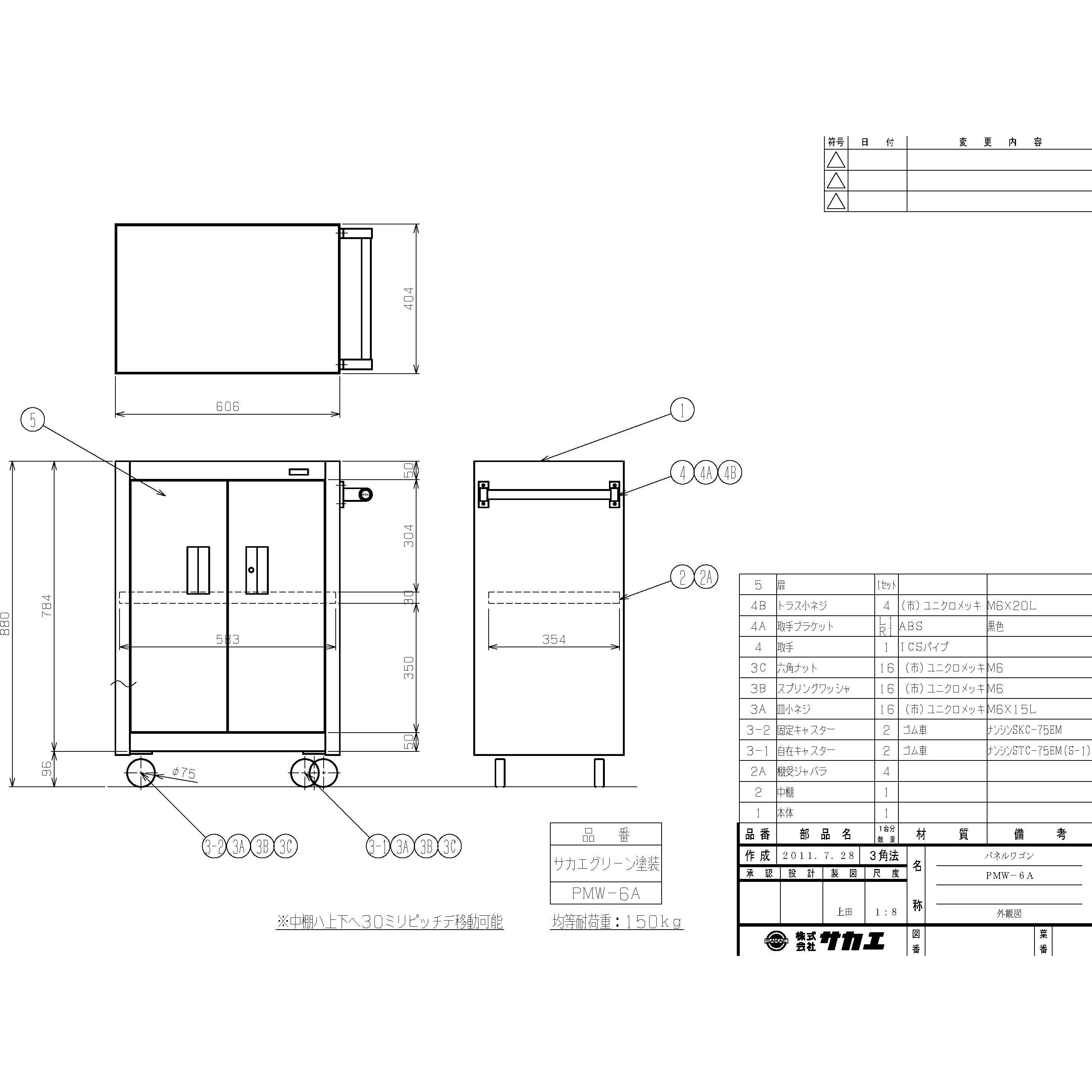 PMW-6A パネルワゴン(PMWタイプ/W605×D405×H880mm) サカエ 均等荷重