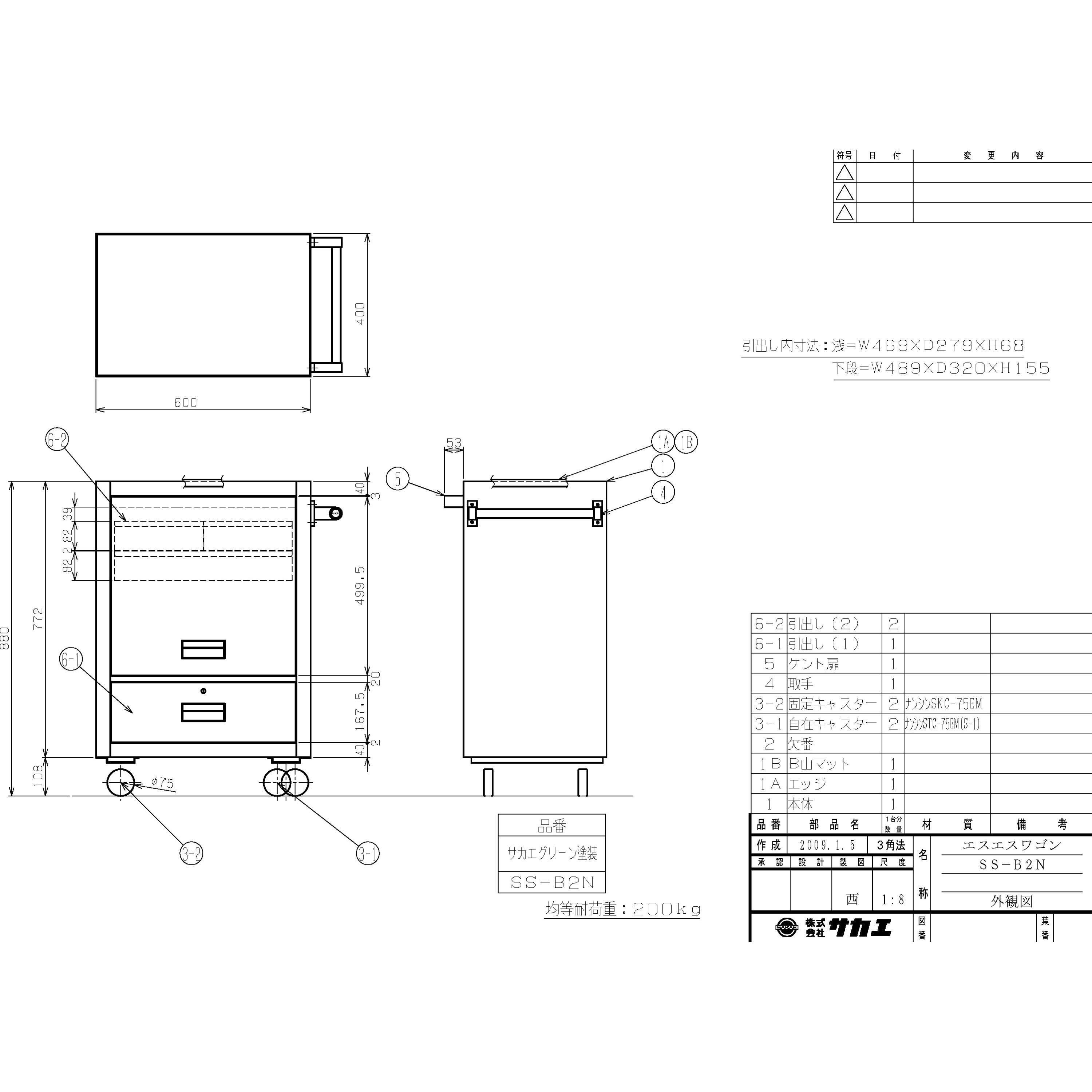 サカエ エスエスワゴン SS-B2N エスエスワゴン サカエ スチール製ワゴン (キャビネット・引出付