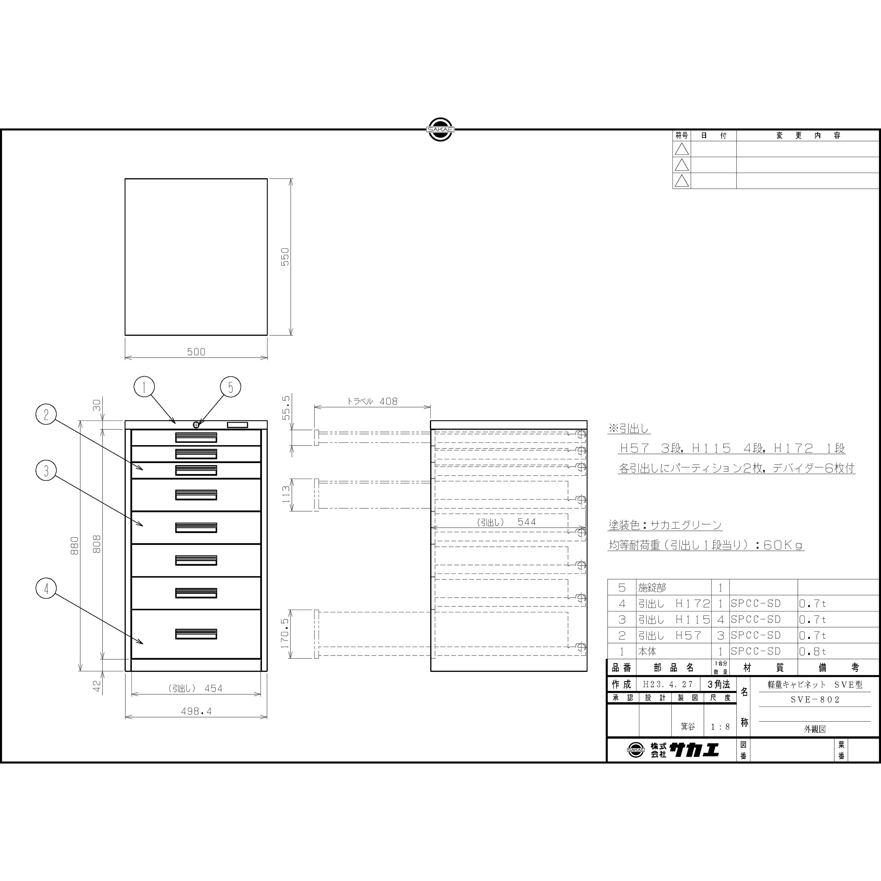 SVE-802 軽量キャビネット SVE型 サカエ グリーン 外寸法500×550×880mm 