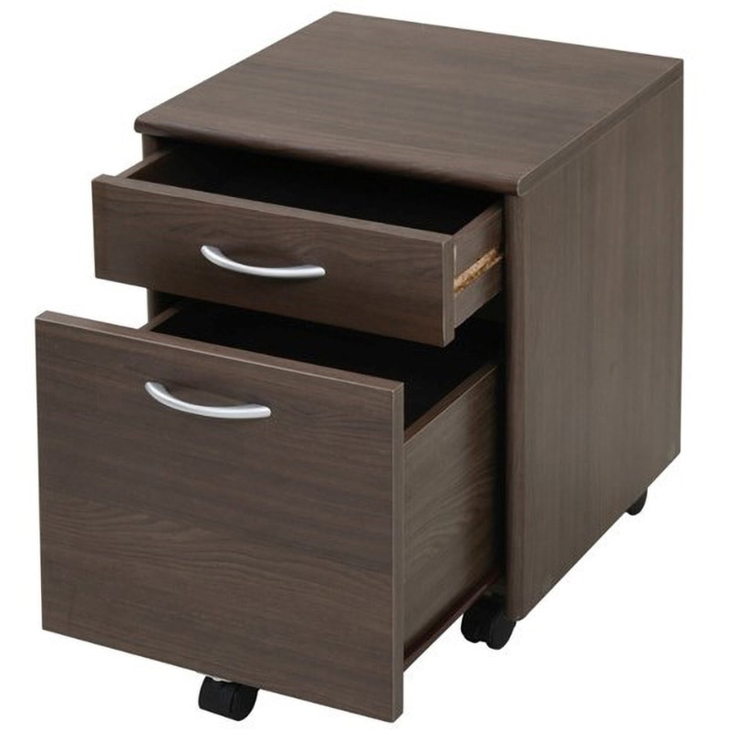 ブラウン木製脇机 引き出し2つ キャスター付き FWD-0008 デスクワゴン 2段 キャスター付き 脇机 インキャビネット