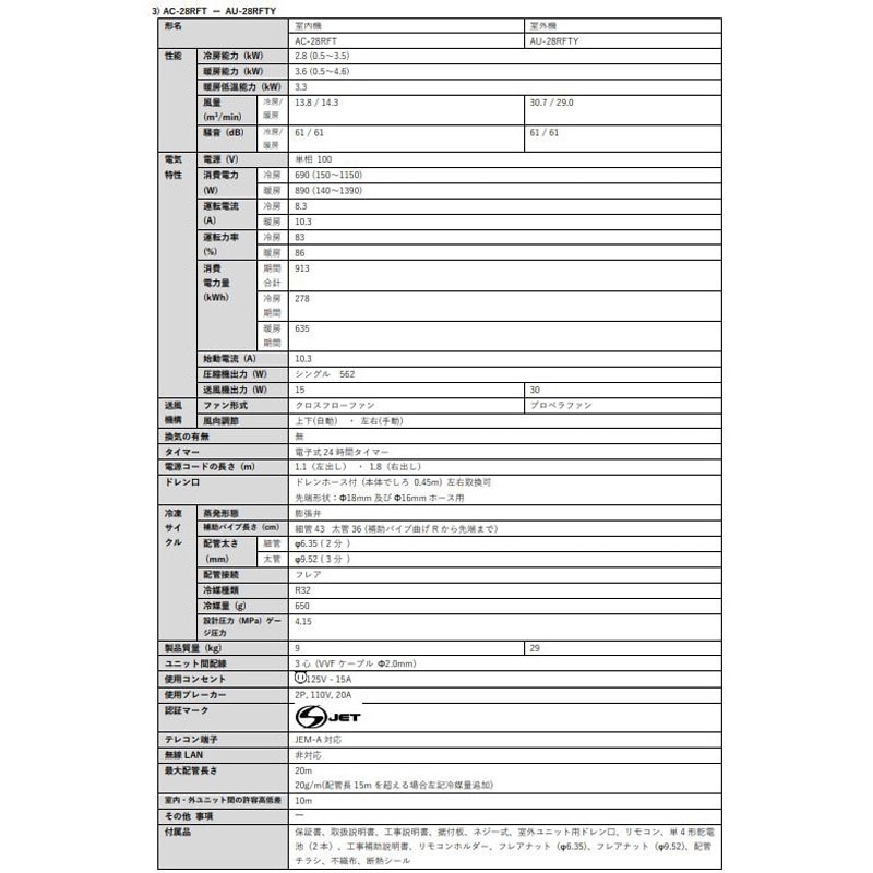 AC-28RFT 家庭用ルームエアコン プラズマクラスター7000 シンプルモデル 1セット シャープ 【通販モノタロウ】