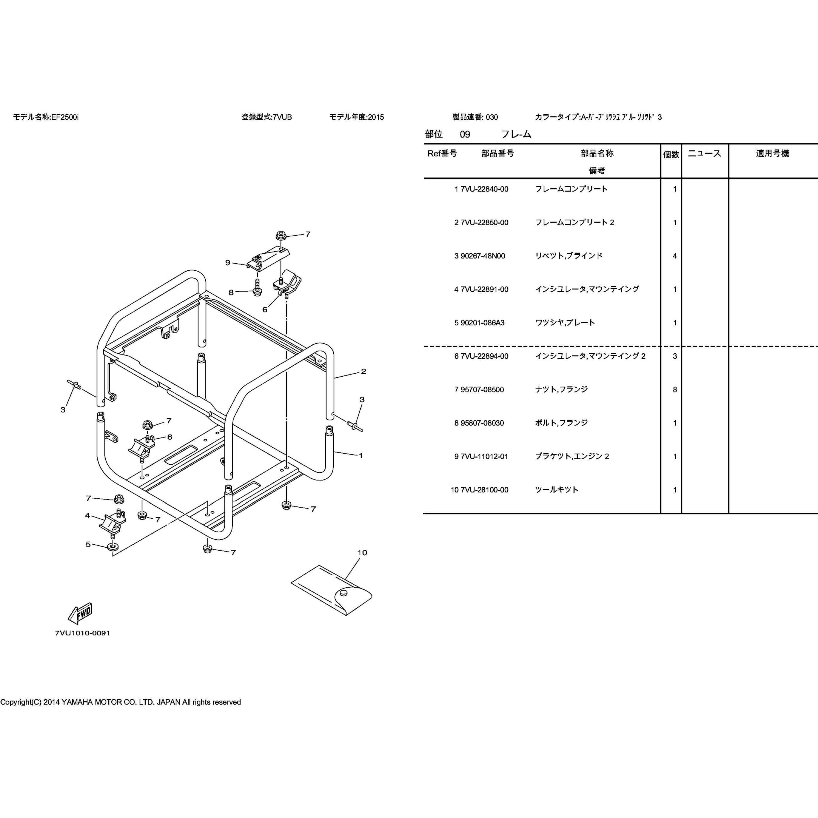 部品 EF2500i(7VUB， 2015) 030 部品名称フレームコンプリート2 7VU-22850-00