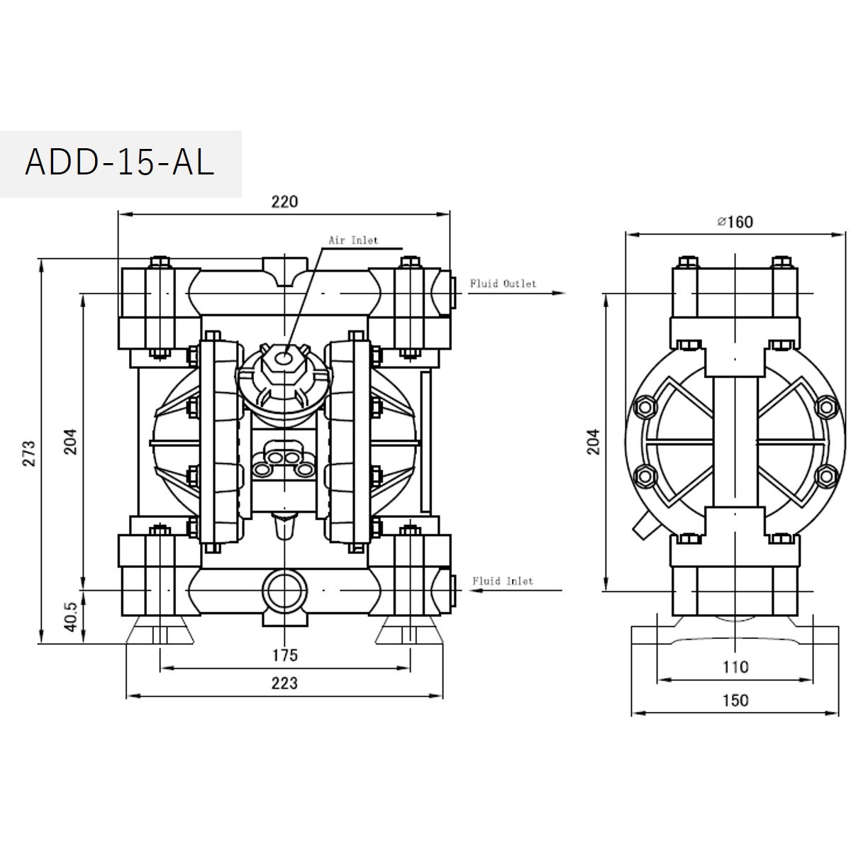 ADD-15-AL-TST エア駆動式ダイアフラムポンプ アルミモデル エイチツー