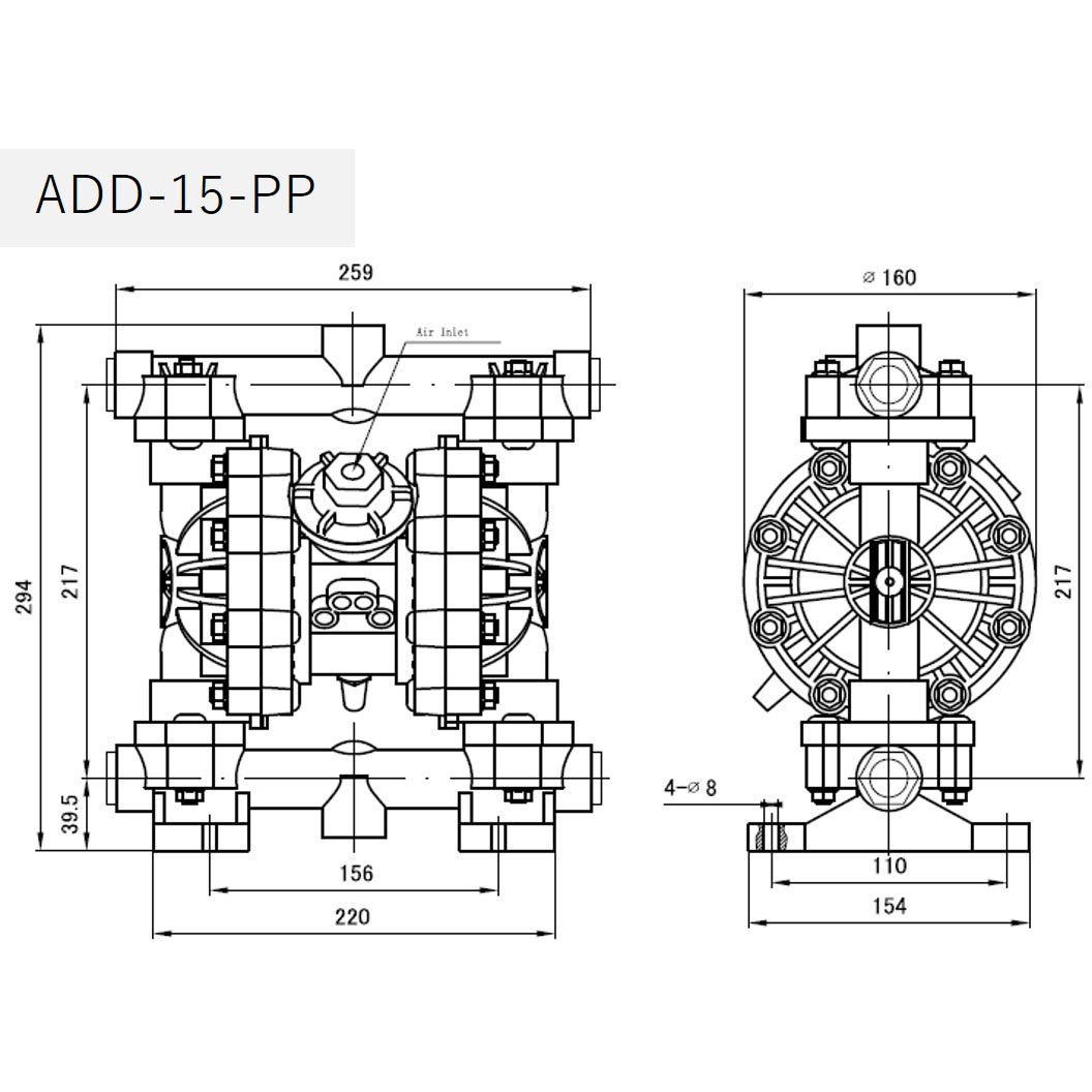 ADD-15-PP-TPT エア駆動式ダイアフラムポンプ PPモデル エイチツー