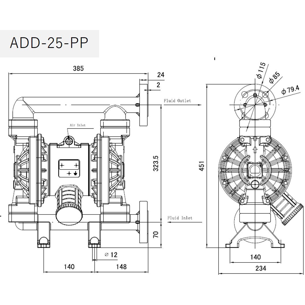 ADD-25-PP-TPT エア駆動式ダイアフラムポンプ PPモデル エイチツー