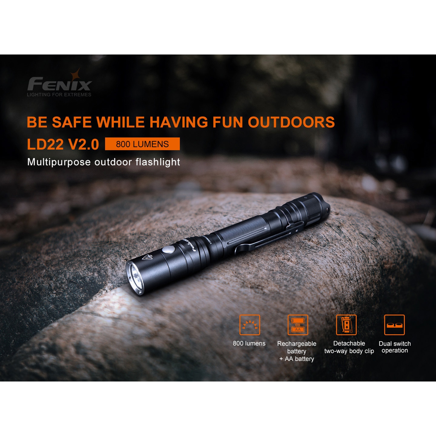 LD22V20 充電式LEDライト FENIX(フェニックス) 保護等級IP68 黒色 外径