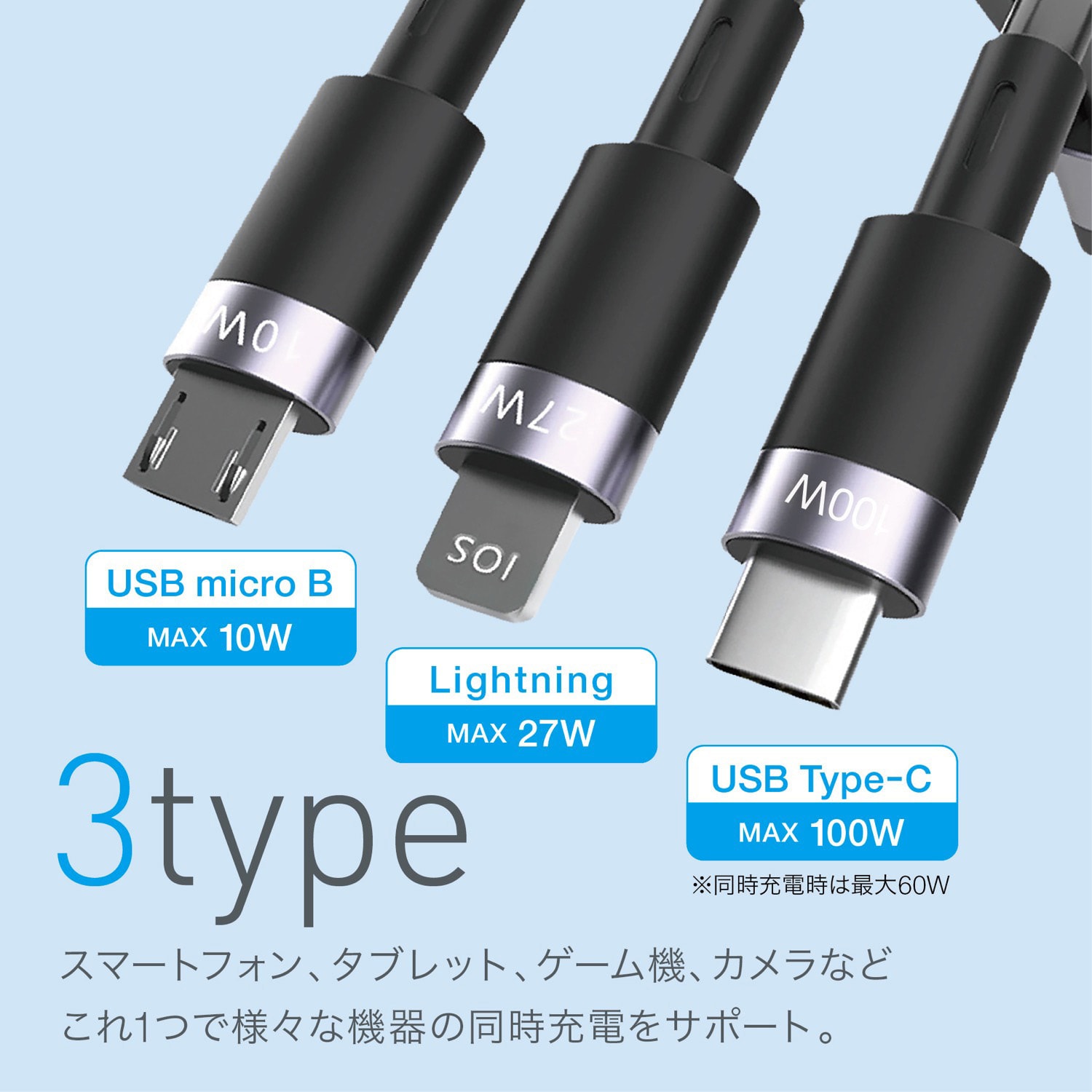 OFC-CAB002-BK 3in1 巻取式 マルチUSB充電ケーブル 100W PD対応