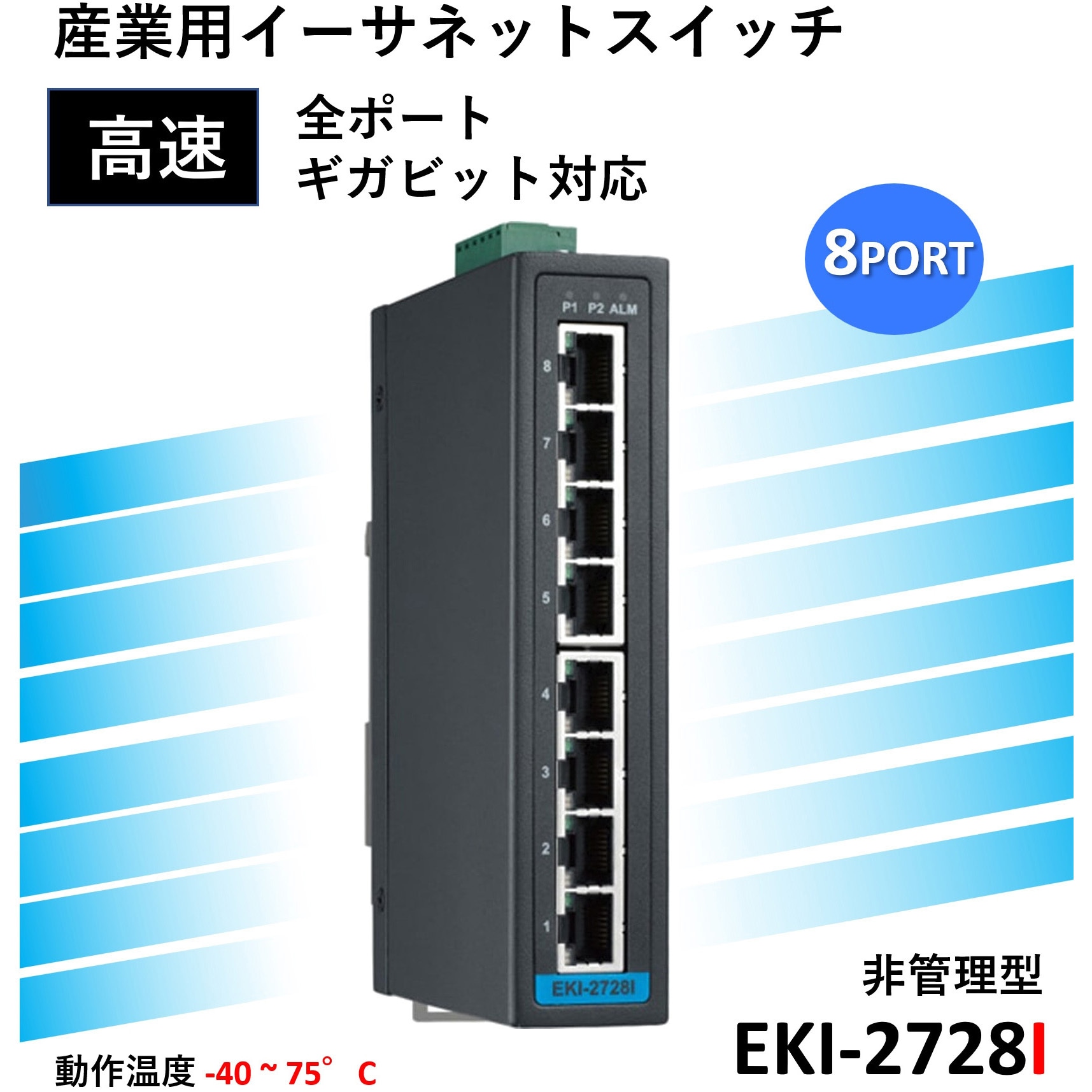 EKI-2728I-D ギガビット対応 非管理型 産業用イーサネットスイッチ (10/100/1000BASE-T) Advantech(アドバンテック) 8ポート 長さ30mm  EKI-2728I-D