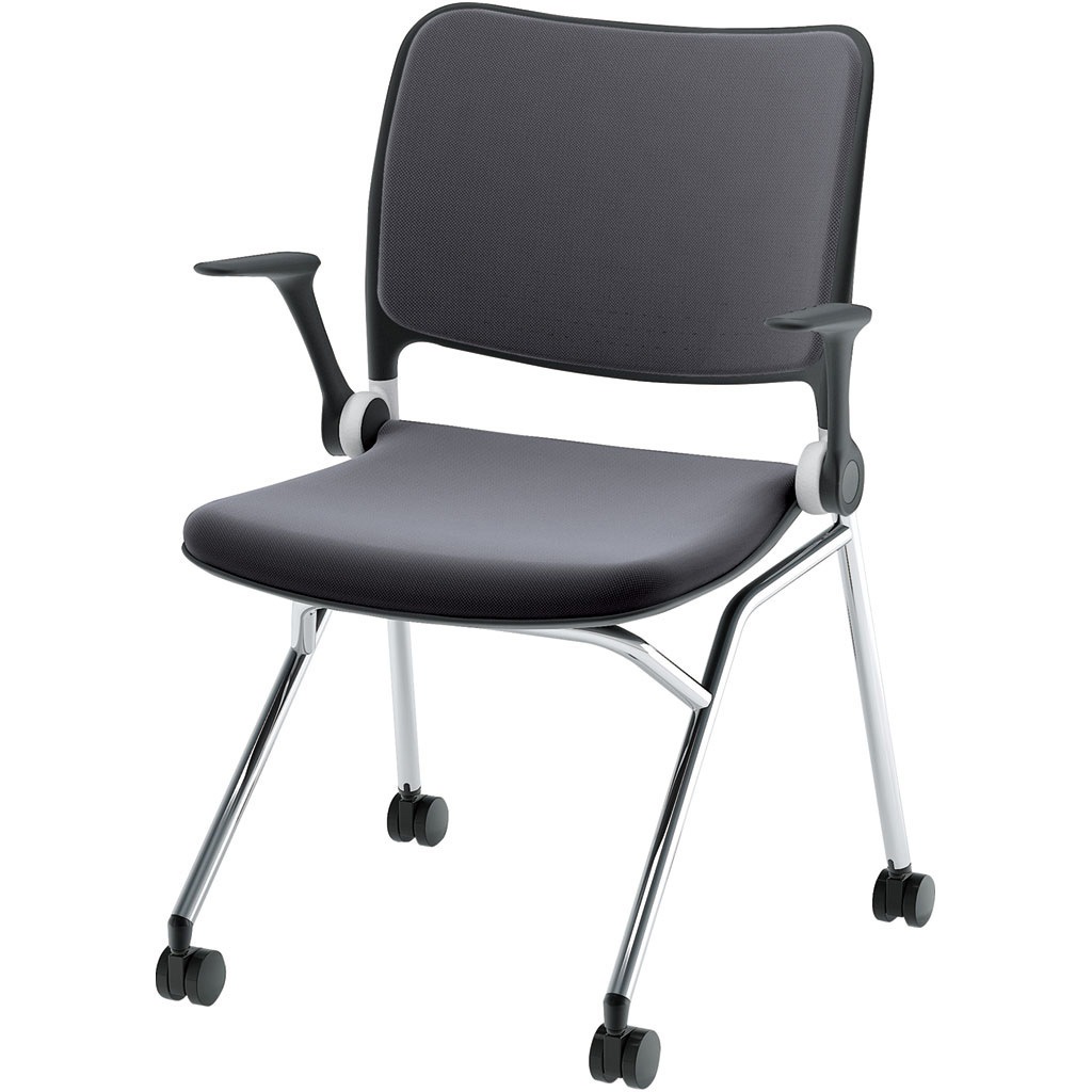 6-121-2122 Blume(ブルーメ) 背パッドタイプ メッキ脚 ブラック 内田洋行 ナイロン双輪キャスター スライドスタッキング 6-121-2122