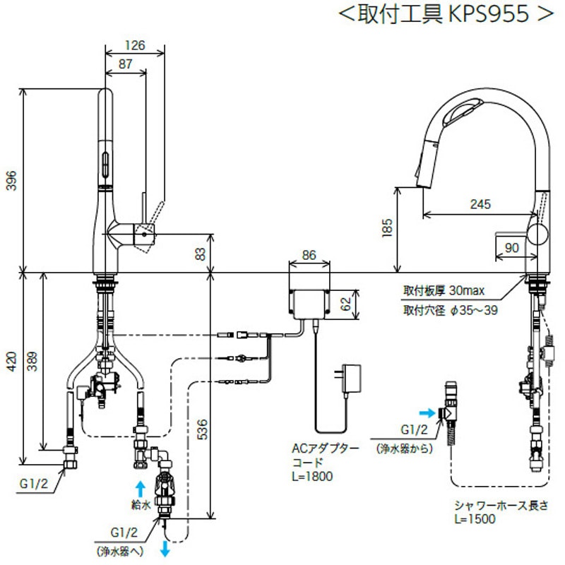 KM6092SCEC ビルトイン浄水器用シングルシャワー付混合栓(Wセンサー付