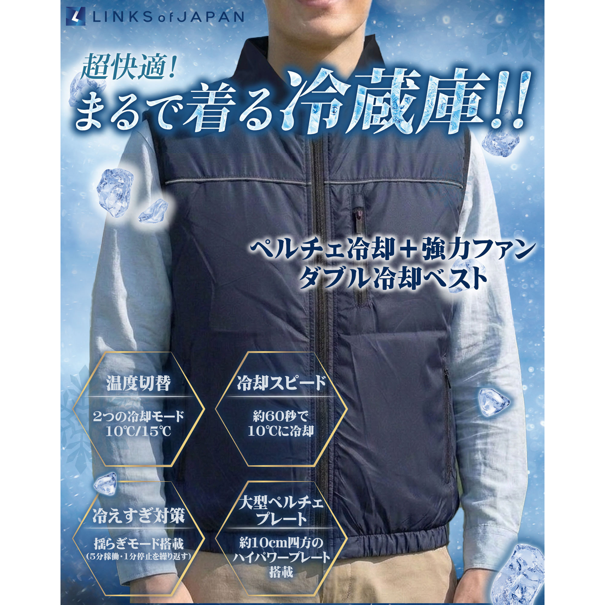 F133　新品　冷暖房切替　ソルジャーベスト　冷却－20℃　温熱49℃ LOJ-PJ03-NVXL 冷暖BODY サーモベスト LINKS OF JAPAN ネイビー色