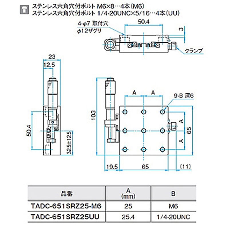 TADC-651SRZ25UU Z軸ボールガイドアルミステージ(垂直面取付) TADCシリーズ 1個 シグマ光機 【通販モノタロウ】