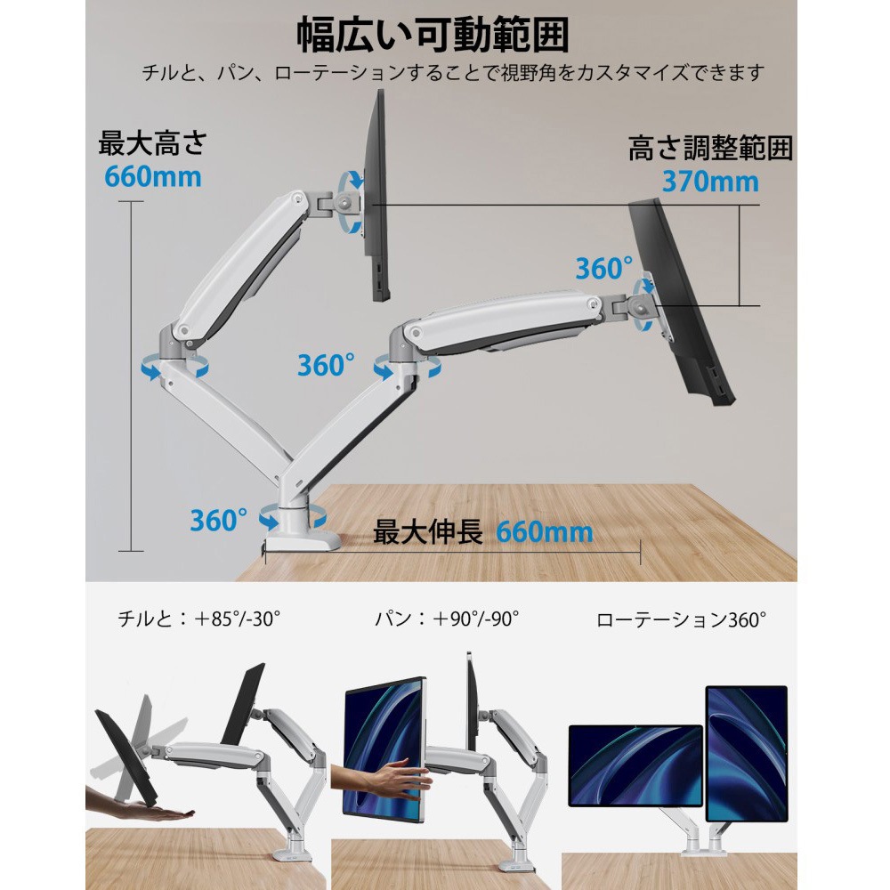 HNDS33W モニターアーム HUANUO 荷重2～12kg クランプ式/グロメット式