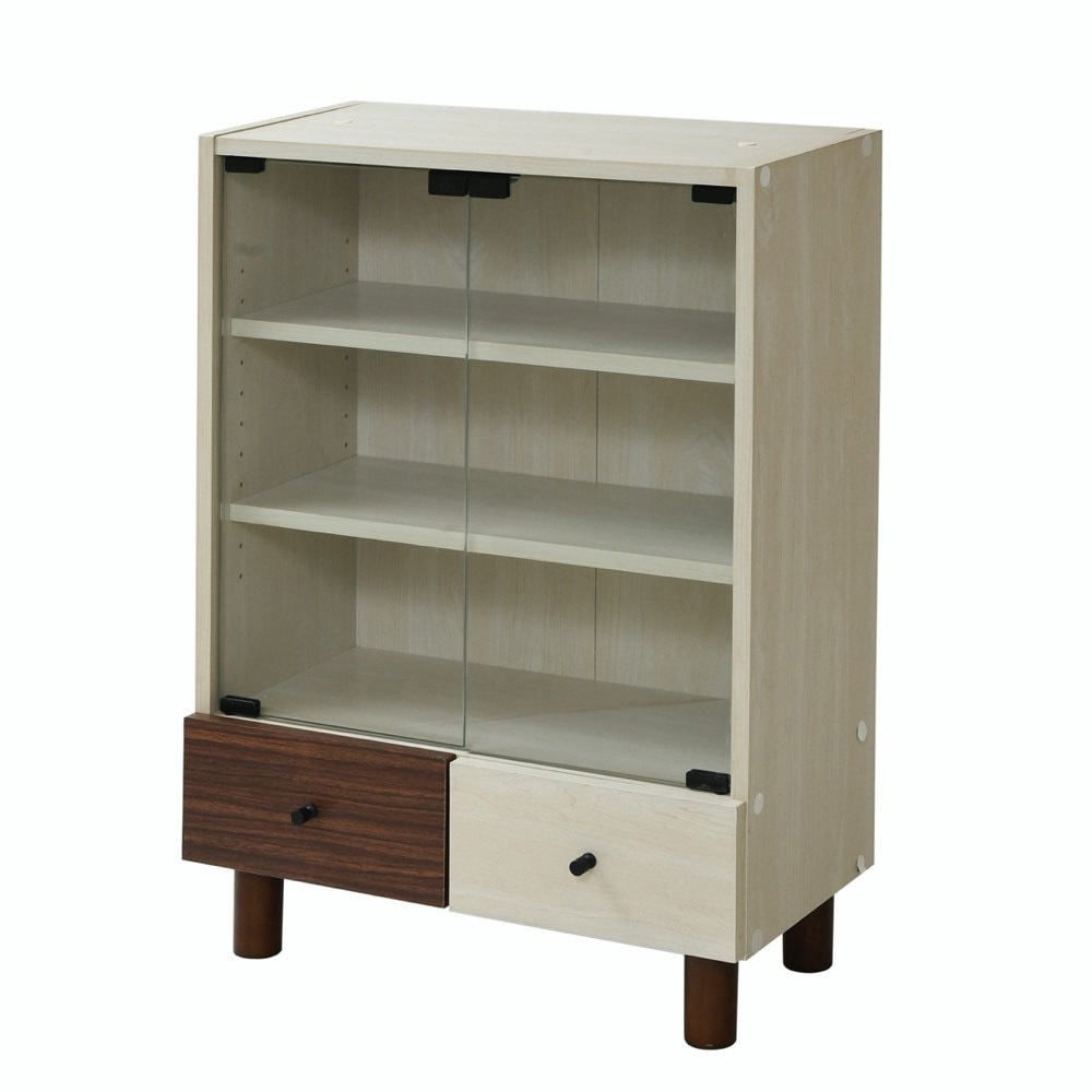 FMB-0001 キャビネット 引き出し2杯 ガラス扉 脚付 組み合わせ収納棚 ジェイケイ・プラン ナチュラル×ダークブラウン(NADB)色 外寸(幅×奥行×高さ)60×32.5×85cm  FMB-0001