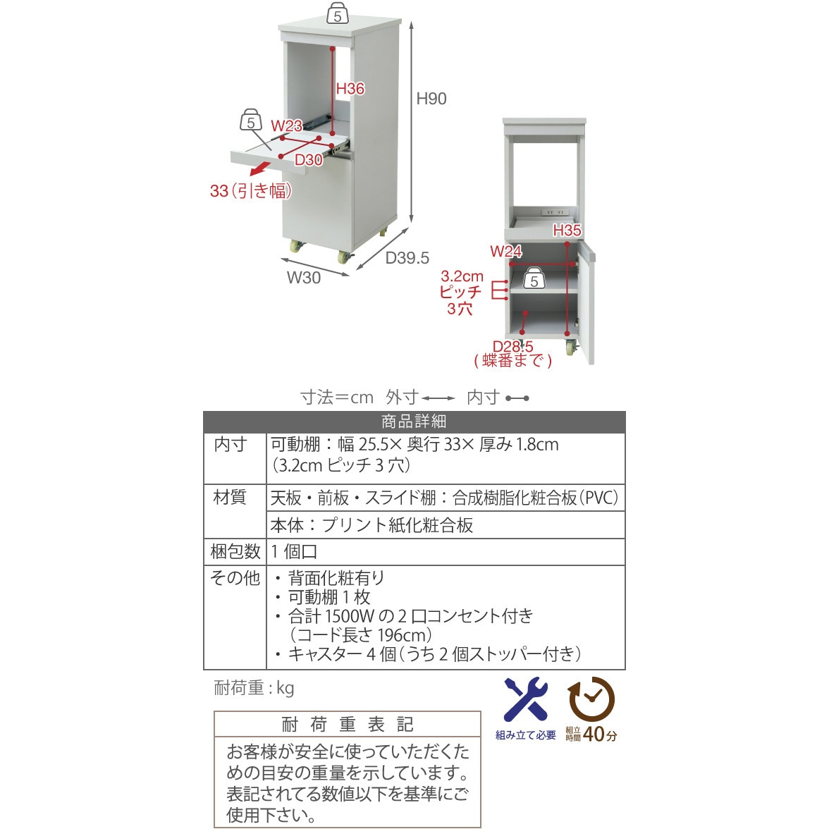 FKC-0004 キッチン隙間収納ラック ミドルタイプ 食器棚