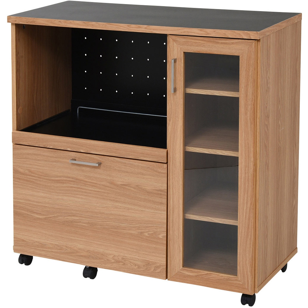 FAP-1022 北欧風 キッチンカウンター ガラス扉内収納 キャスター コンセント付き ジェイケイ・プラン ケイッティオシリーズ ナチュラル×ブラック・幅90色