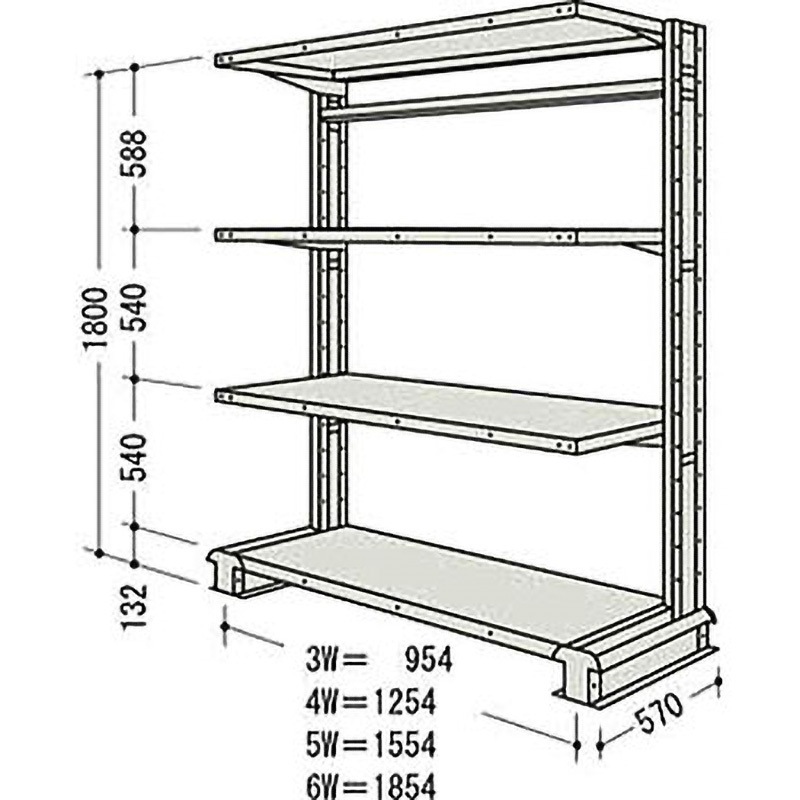 CR65SS4B NF キャンチラック単式増結1連 日本ファイリング オイスターホワイト色 均等積載量150kg/段 4段 間口1604mm高さ1800mm  CR65SS4B