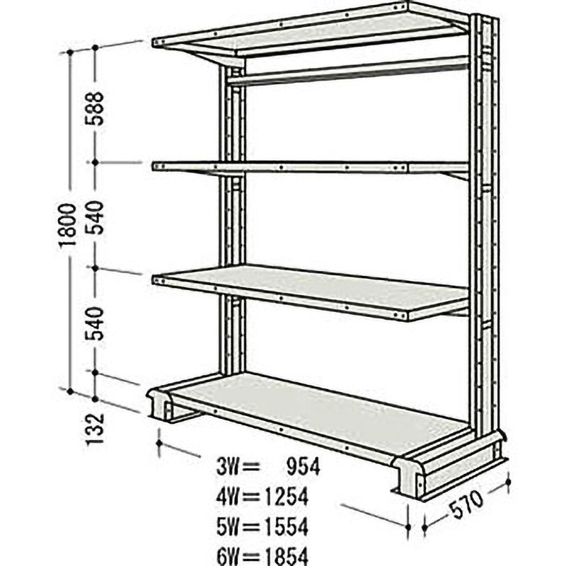 CR66SS4B NF キャンチラック単式増結1連 日本ファイリング オイスターホワイト色 均等積載量150kg/段 4段 間口1904mm高さ1800mm  CR66SS4B