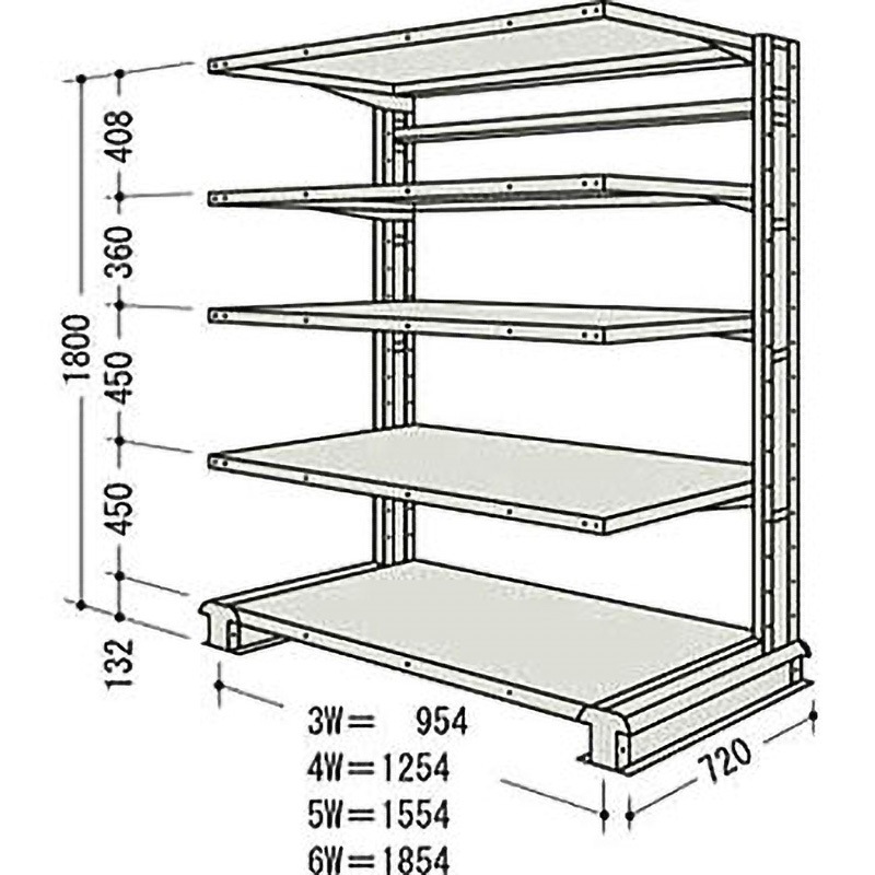 CR66LS5B NF キャンチラック単式増結1連 日本ファイリング オイスターホワイト色 均等積載量150kg/段 5段 間口1904mm高さ1800mm  CR66LS5B