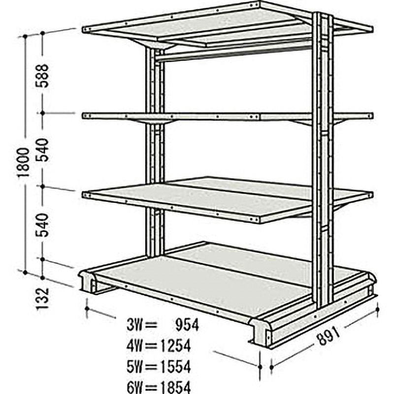CR65SW4B NF キャンチラック複式増結1連 日本ファイリング オイスターホワイト色 均等積載量150kg/段 3段 間口1604mm高さ1800mm  CR65SW4B