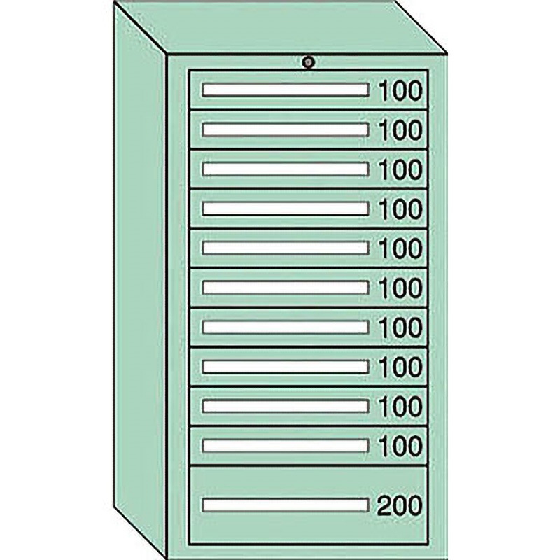61217 中量キャビネット 大阪製罐 最大積載量1200kg 若草(グリーン) 引出し数11 外寸法693×557×1281mm