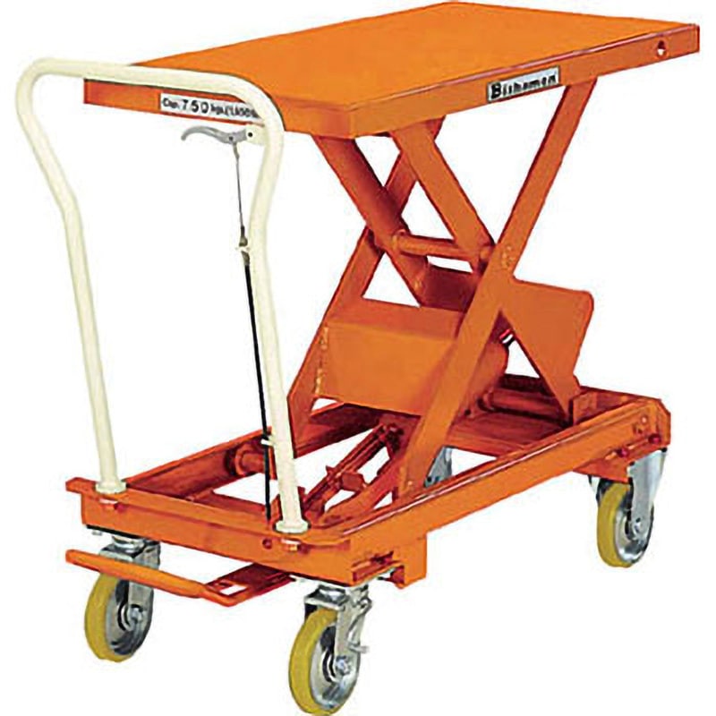ビシャモン テーブルリフト ちびちゃんシリーズ 足踏式 均等荷重750kg 揚程650mm テーブル寸法518×1010mm ■▼131-5781 X-75C 1台 ビシャモン テーブルリフト ちびちゃんシリーズ （電動油圧式） 足踏み