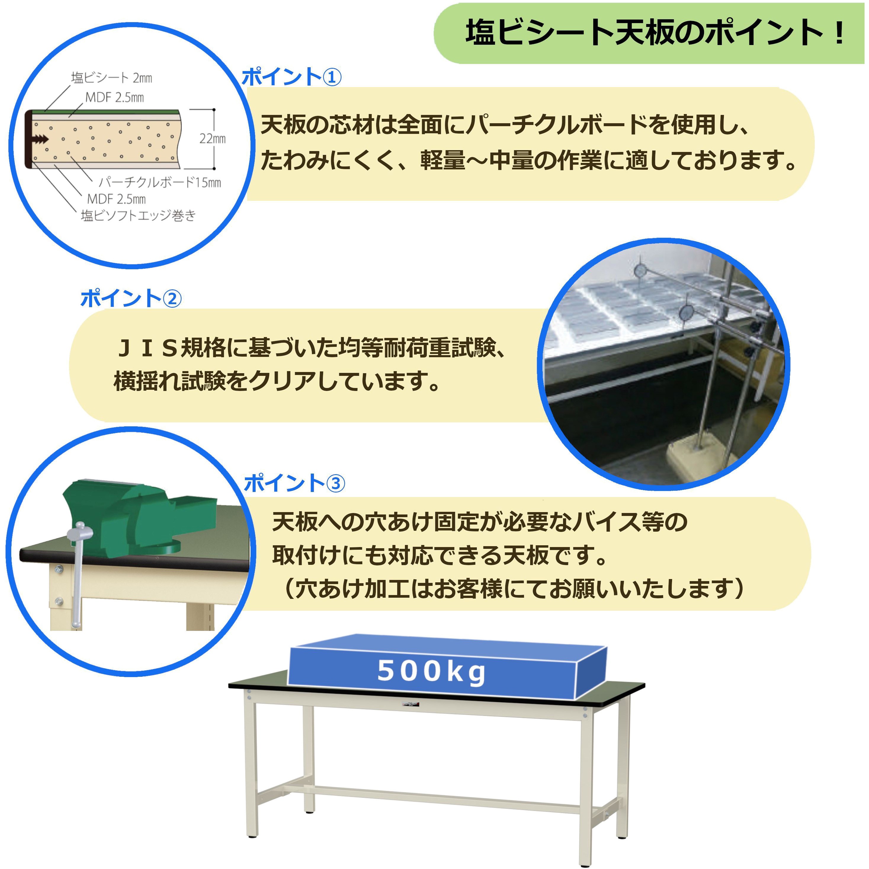 SJR-975-GG 中量作業台/耐荷重500kg_固定式H740_塩ビシート天板_ワーク 