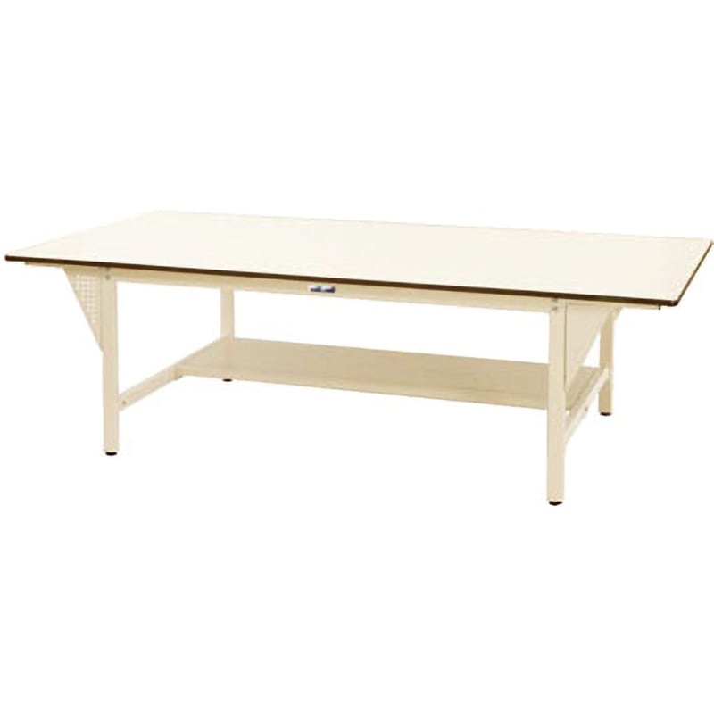 SWPW-2412T-II 軽量作業台/耐荷重300kg_ワイドタイプ固定式H740_半面棚板付_ワークテーブル 山金工業 ポリ化粧天板製天板 アイボリー 間口2400mm奥行1200mm  SWPW-2412T-II