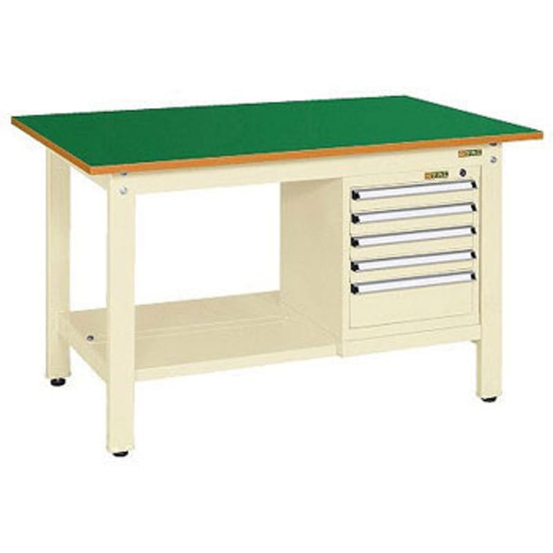 KK-49FSL5IG 軽量作業台(KK/350kg/サカエリューム天板/H740/スモールキャビネット付) サカエ 組立式 グリーン アジャスター樹脂製ネジ径M12×P1.75 間口1200mm奥行750mm  KK-49FSL5IG