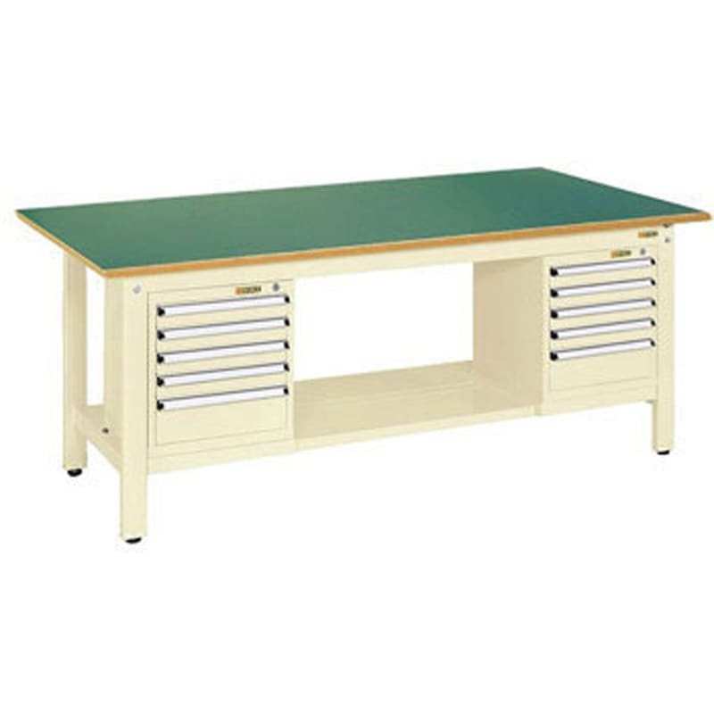 KK-69FSL52IG 軽量作業台(KK/350kg/サカエリューム天板/H740/スモールキャビネット付) サカエ 組立式 グリーン アジャスター樹脂製ネジ径M12×P1.75 間口1800mm奥行750mm  KK-69FSL52IG