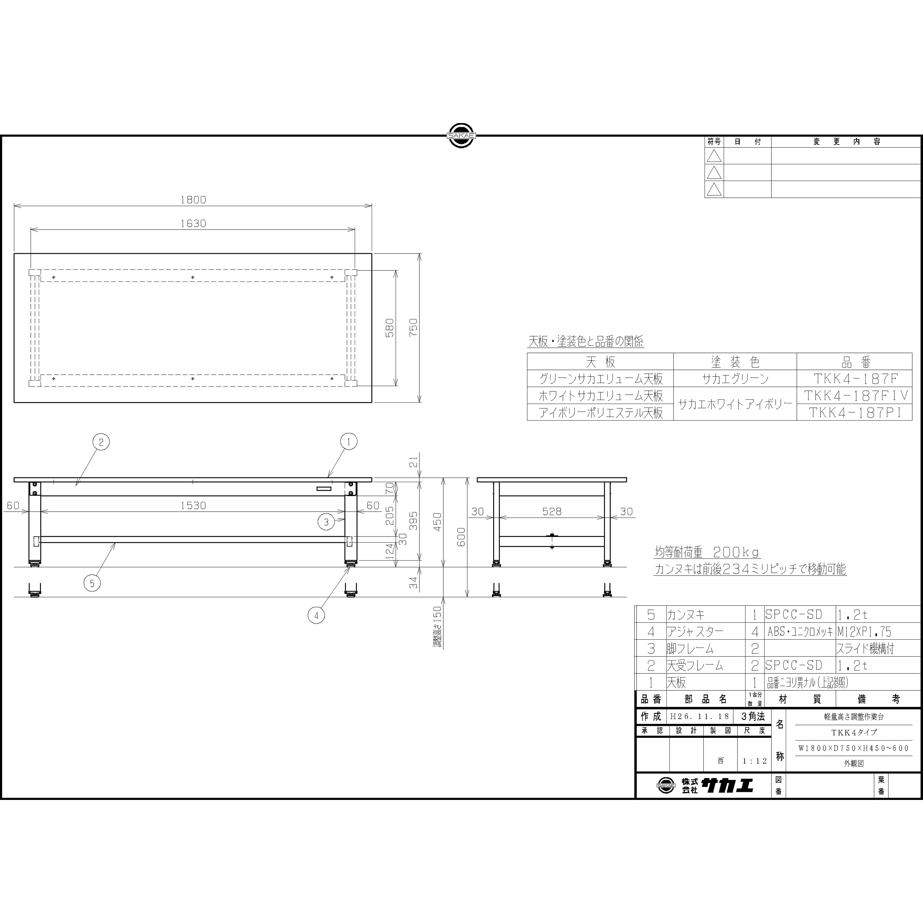 TKK4-187F 低床用軽量高さ調整作業台(TKK4/200kg/サカエリューム天板