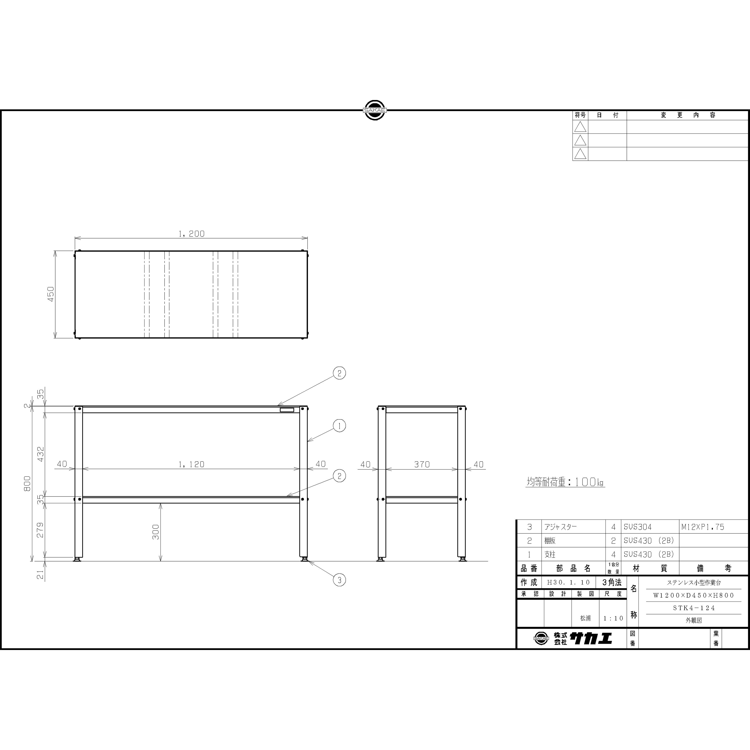STK4-124 ステンレス小型作業台 サカエ 材質(天板)SUS430 間口1200mm