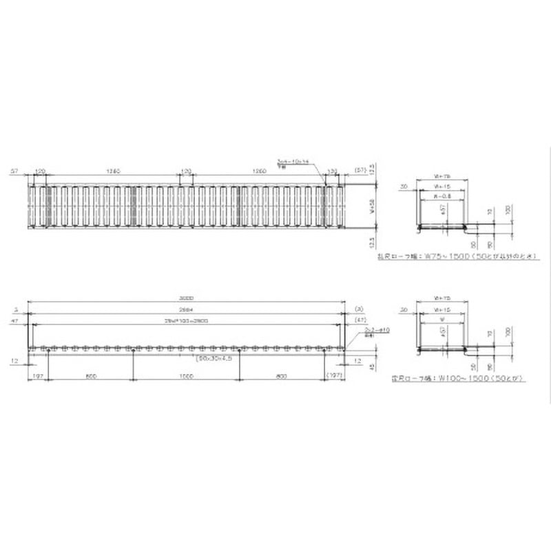 FHE57R-WS-W150-P100-L3000 重荷重用ローラーコンベア(Φ57 スチール製