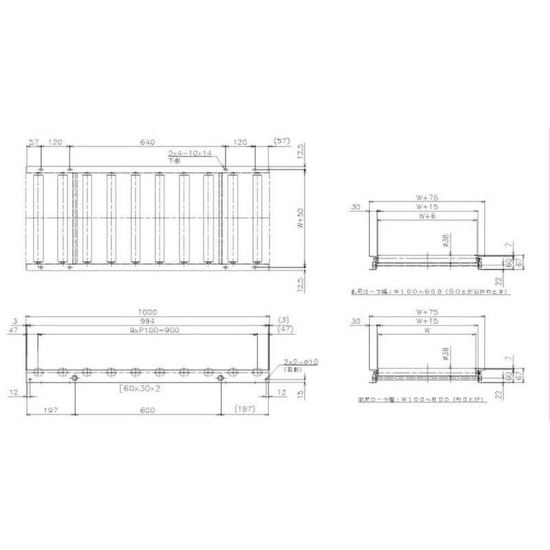 SLS38R-HS-W100-P100-L1000 軽荷重用ローラーコンベア(Φ38 ステンレス