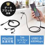 USB TypeCケーブル データブロッカーアダプタ付き PD60W対応 サンワダイレクト