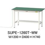 軽量作業台/耐荷重150kg_導電性ゴムマット+アース付き_固定式_半面棚板付き_ワークテーブル150シリーズ 山金工業