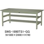 軽量作業台/耐荷重300kg_中間+足元半面棚板付_固定式H740_スチール天板_ワークテーブル300シリーズ 山金工業